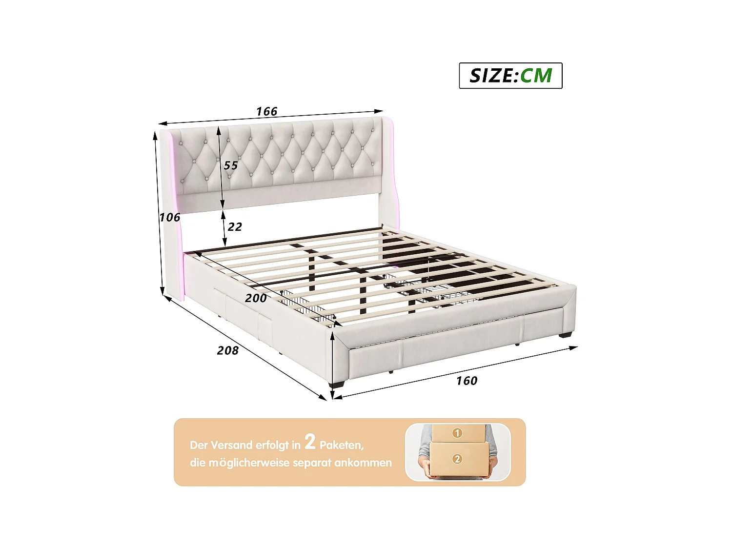 Lit Rembourré 160x200cm, lit double avec 3 tiroirs, LED, cadre de lit, velours, beige