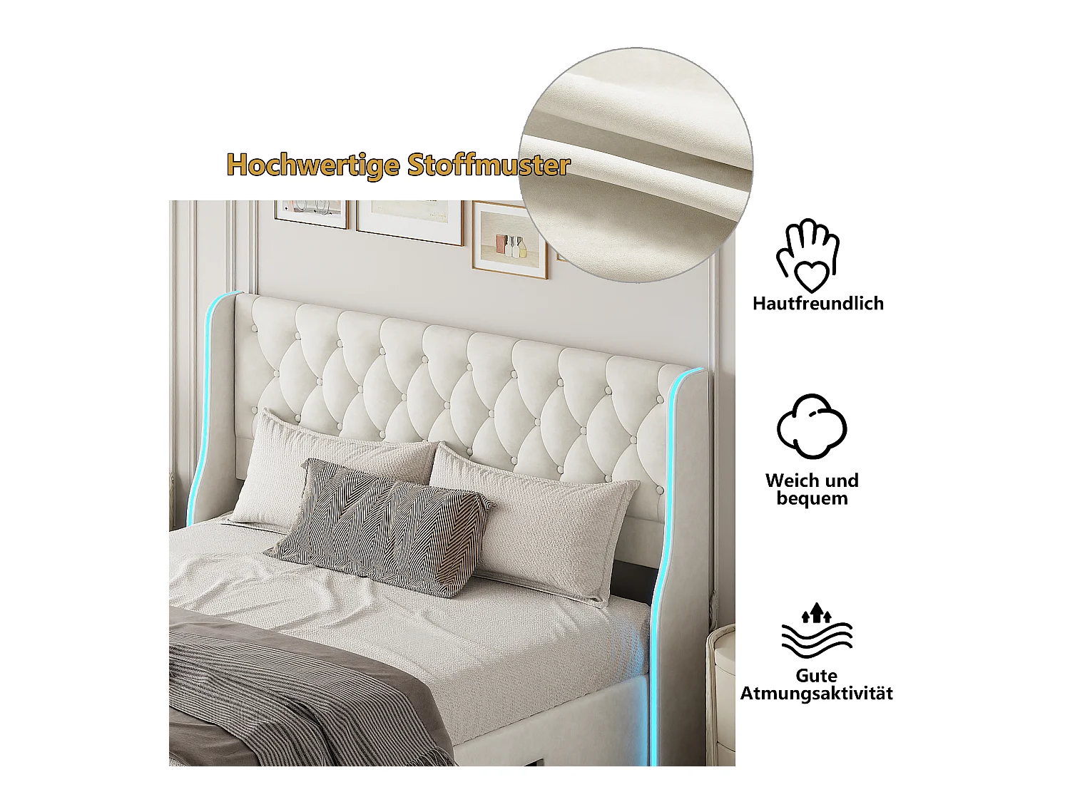 Lit Rembourré 160x200cm, lit double avec 3 tiroirs, LED, cadre de lit, velours, beige