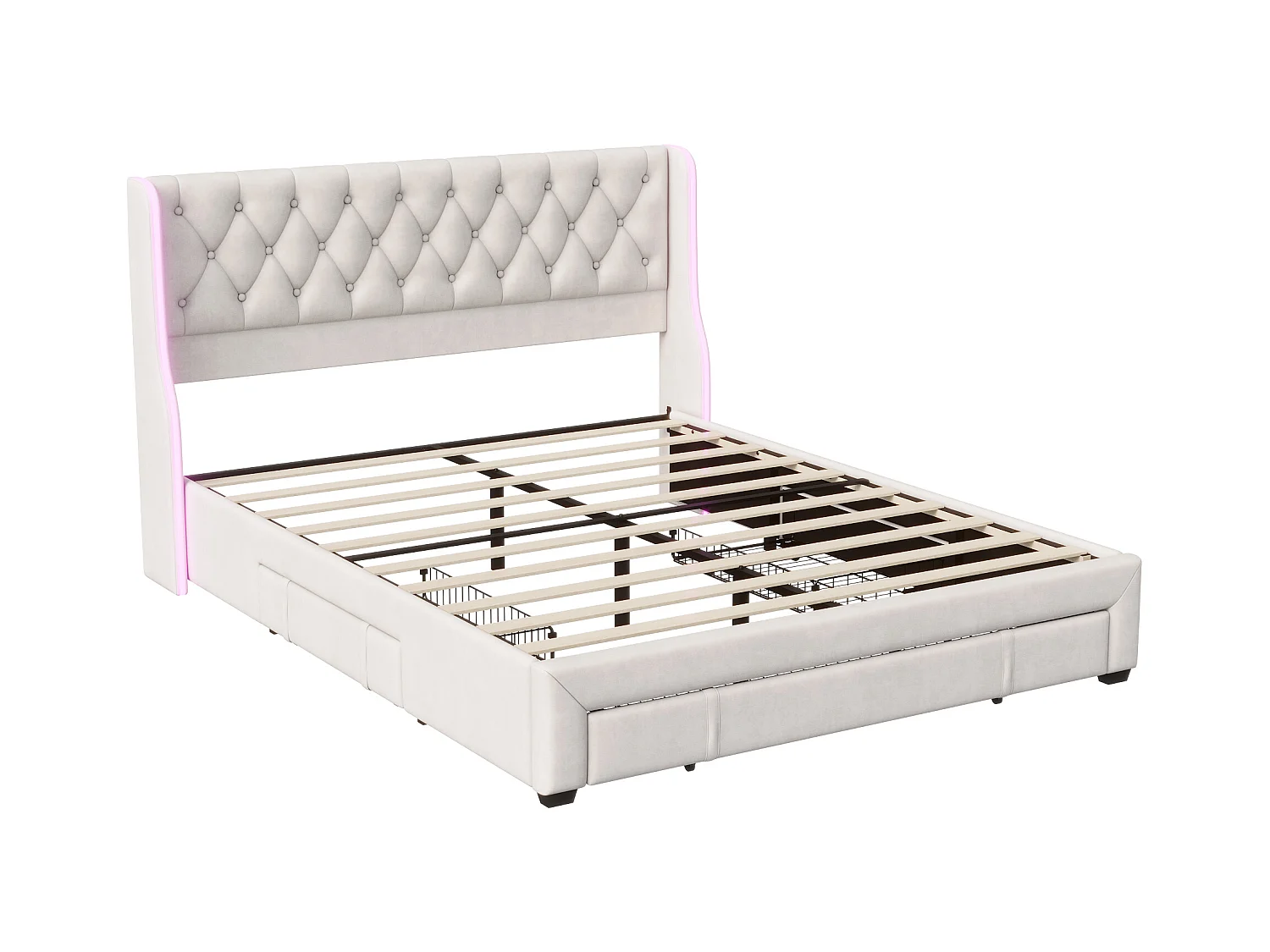 Lit Rembourré 160x200cm, lit double avec 3 tiroirs, LED, cadre de lit, velours, beige