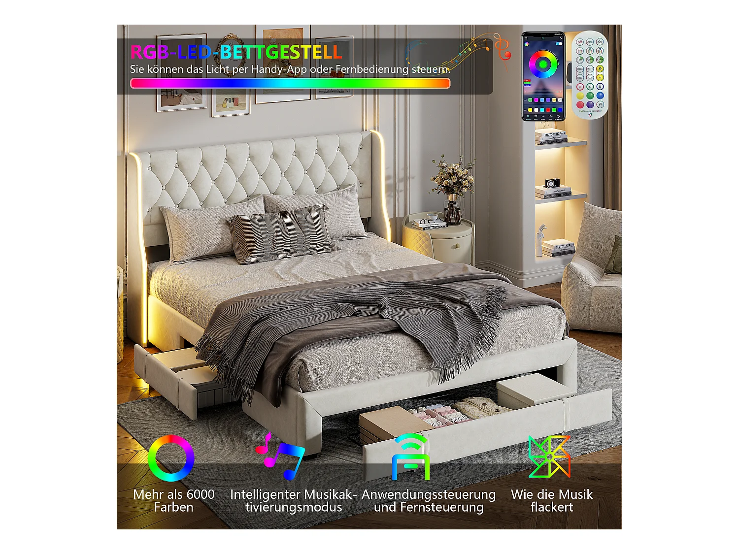 Lit Rembourré 160x200cm, lit double avec 3 tiroirs, LED, cadre de lit, velours, beige