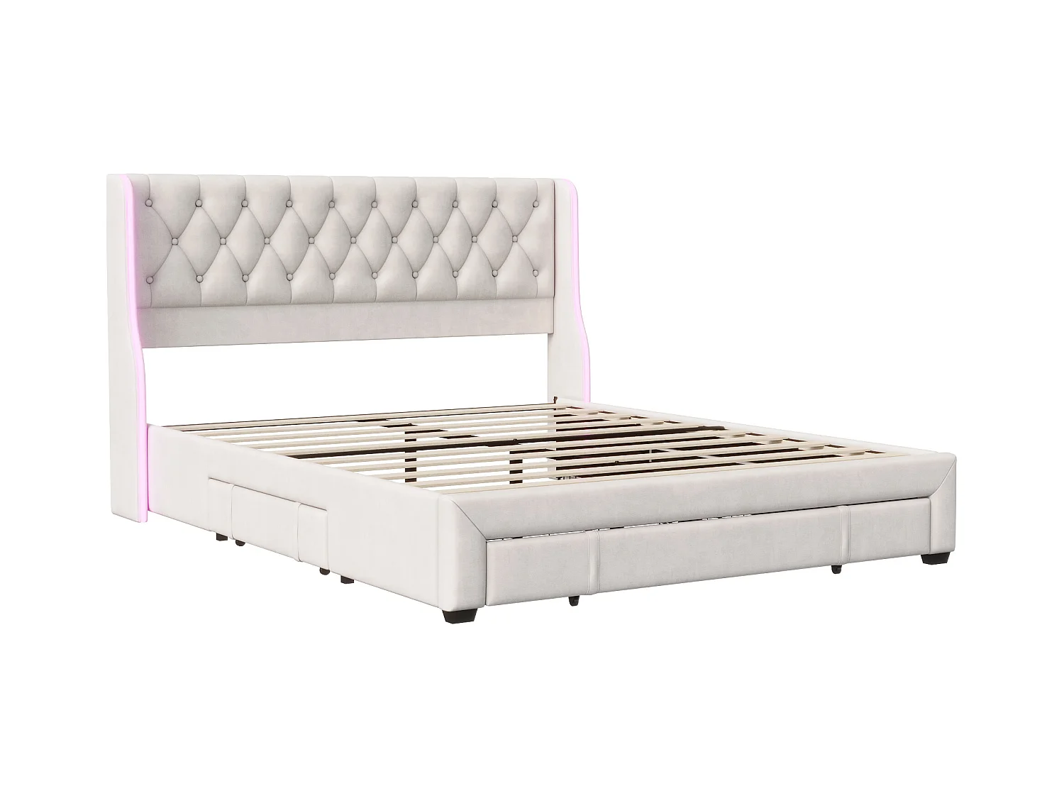 Lit Rembourré 160x200cm, lit double avec 3 tiroirs, LED, cadre de lit, velours, beige