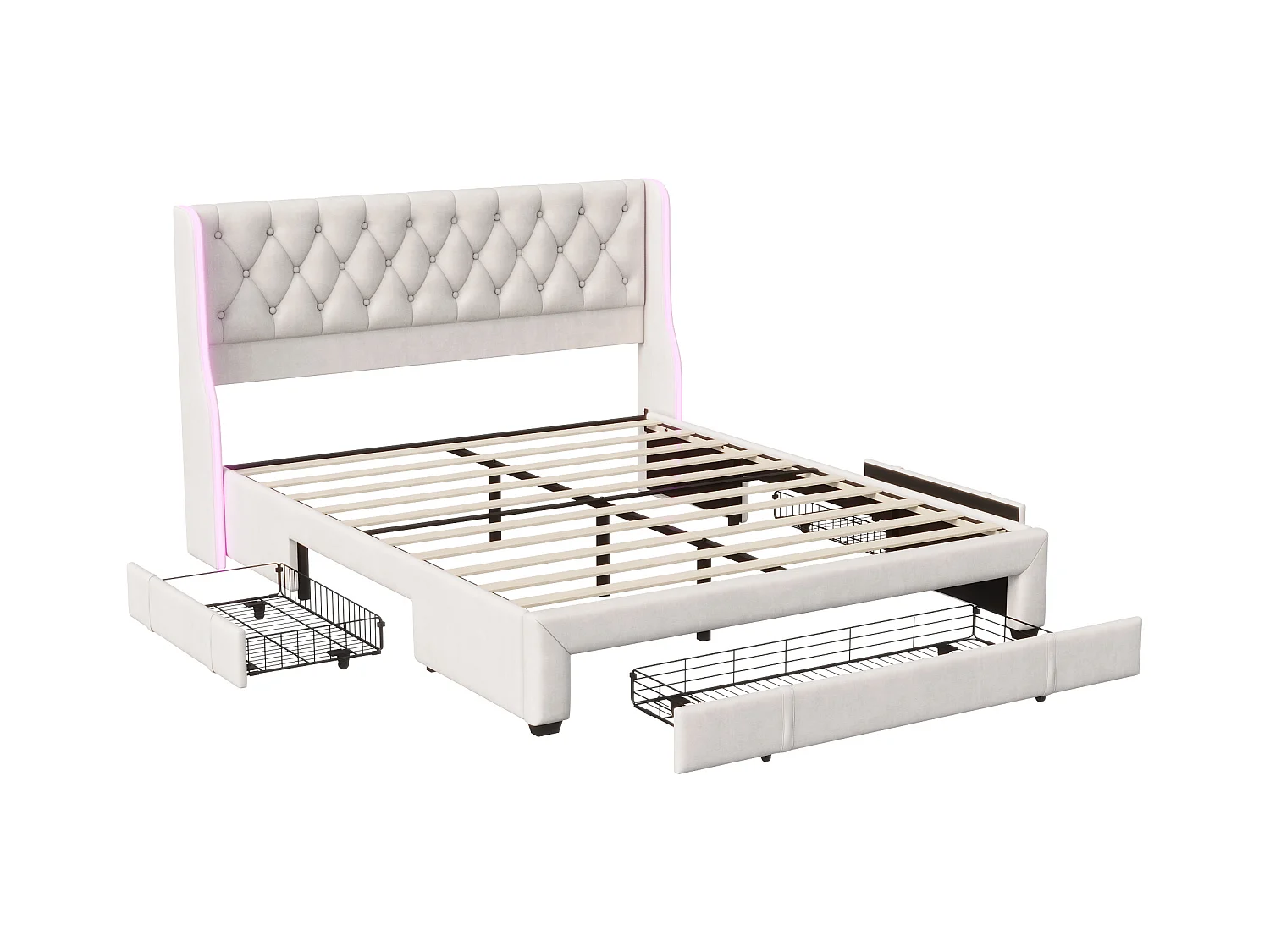 Lit Rembourré 160x200cm, lit double avec 3 tiroirs, LED, cadre de lit, velours, beige