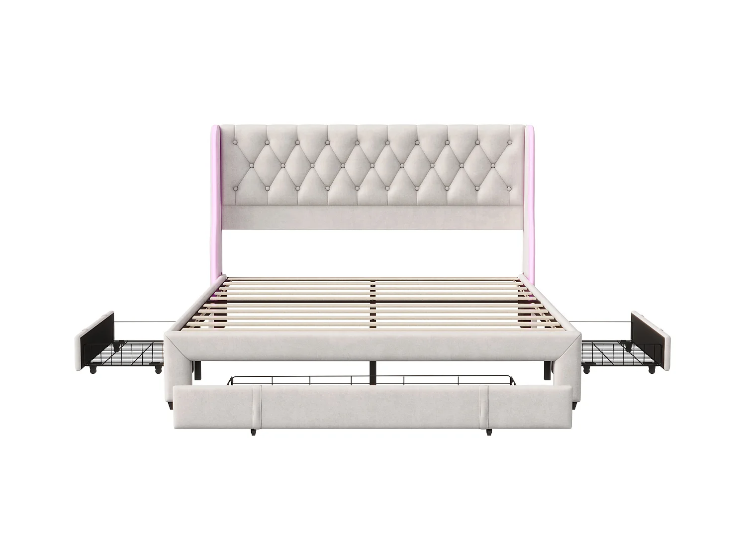 Lit Rembourré 160x200cm, lit double avec 3 tiroirs, LED, cadre de lit, velours, beige