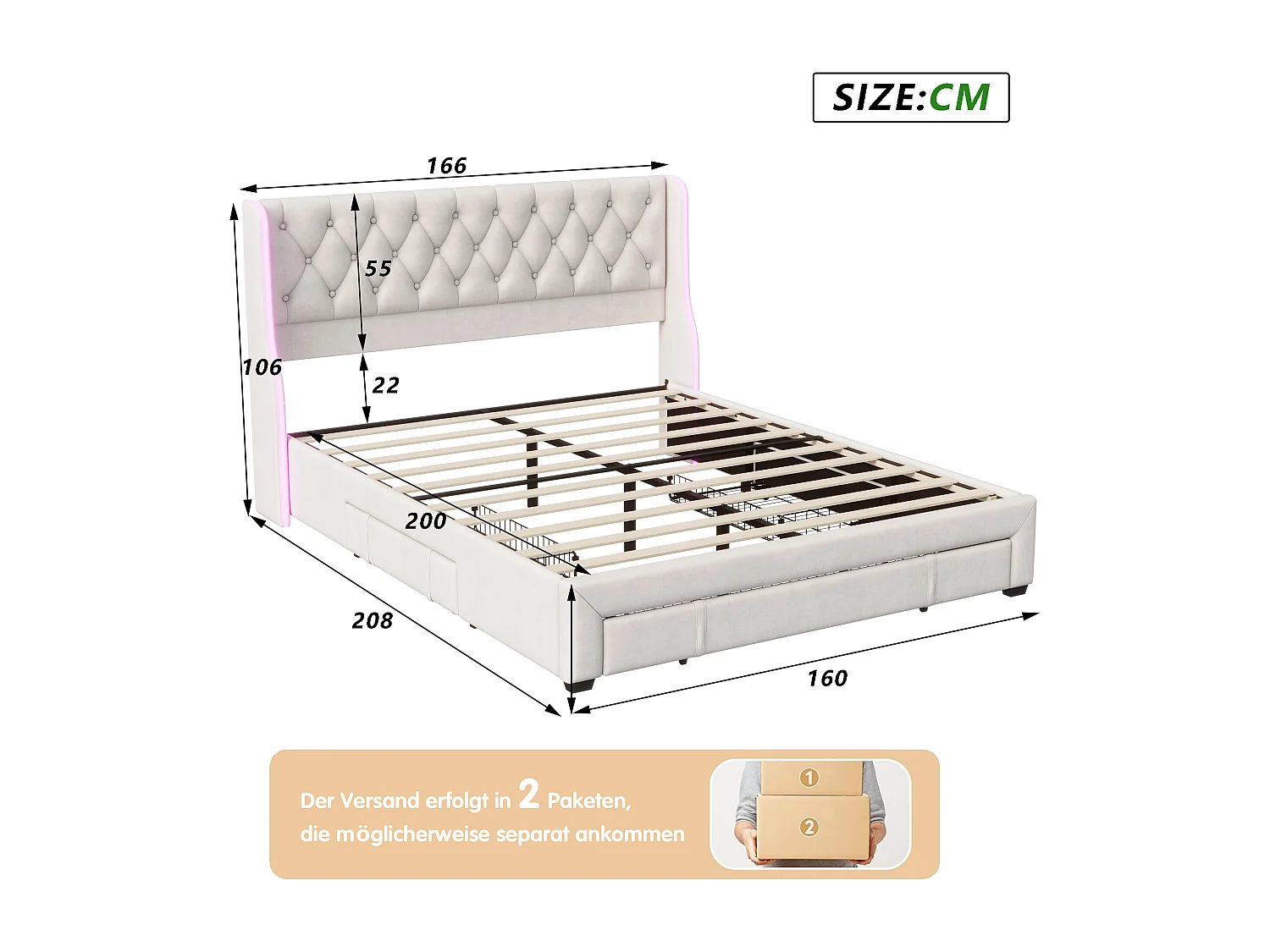 Cama estofada 160x200cm, cama de casal com 3 gavetas, LED, estrutura de cama, veludo, bege