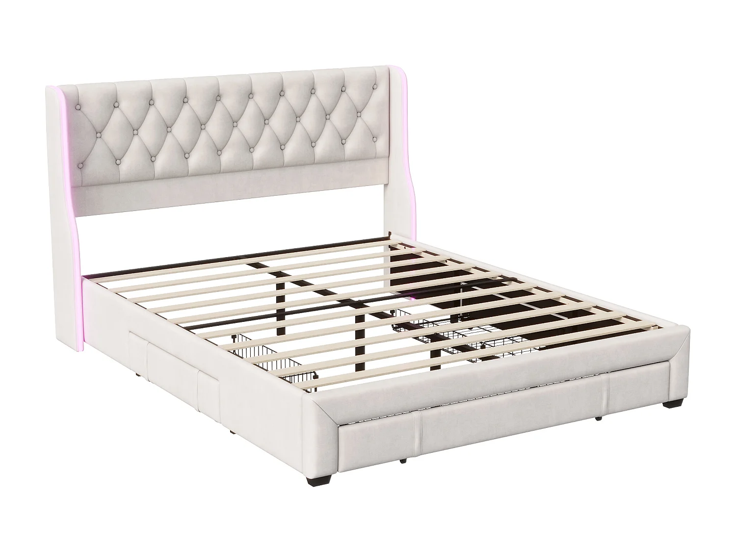 Cama estofada 160x200cm, cama de casal com 3 gavetas, LED, estrutura de cama, veludo, bege