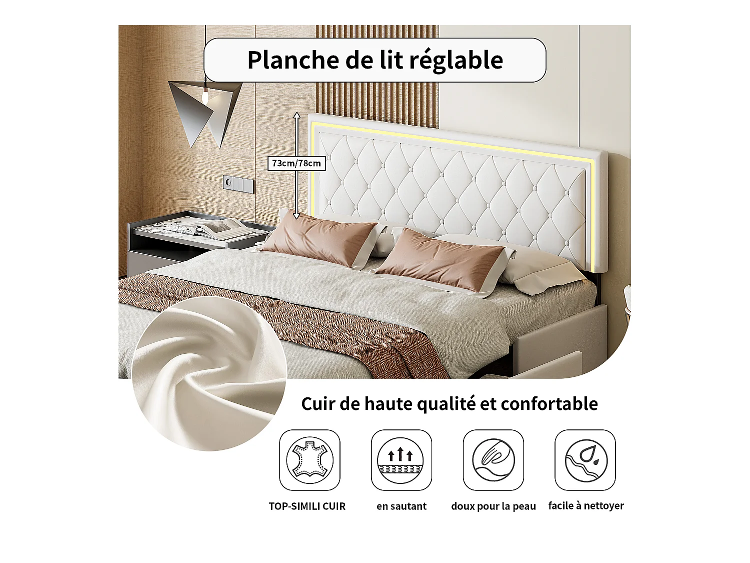 Łóżko 160x200cm z podnoszonym zagłówkiem LED, tapicerowane, z 4 szufladami i schowkiem, białe