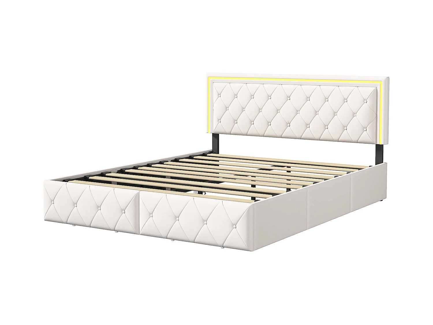 Lit 160x200cm avec LED tête de lit relevable, Lit capitonné avec 4 tiroirs et Rangement Lit, Blanc