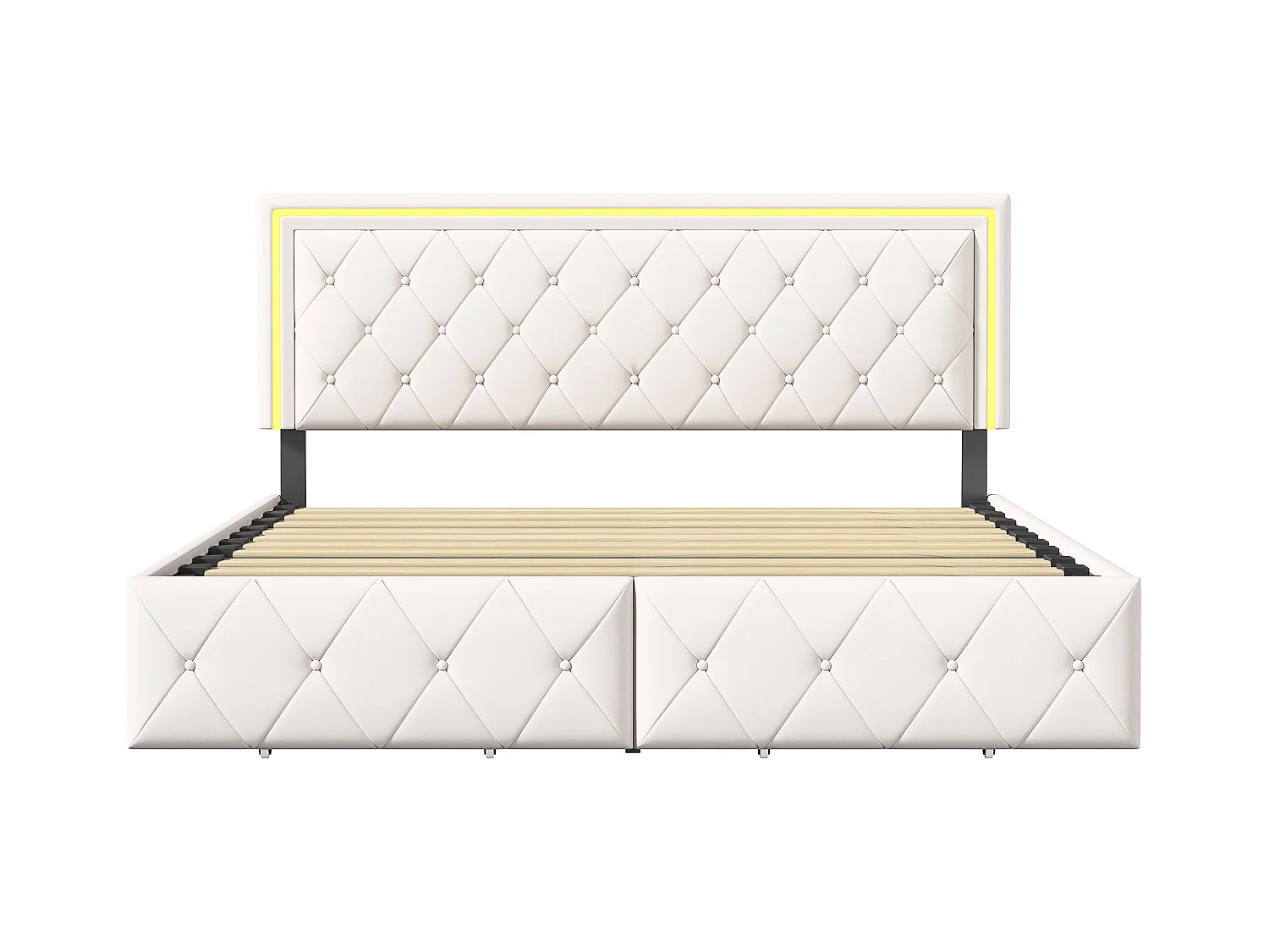 Lit 160x200cm avec LED tête de lit relevable, Lit capitonné avec 4 tiroirs et Rangement Lit, Blanc