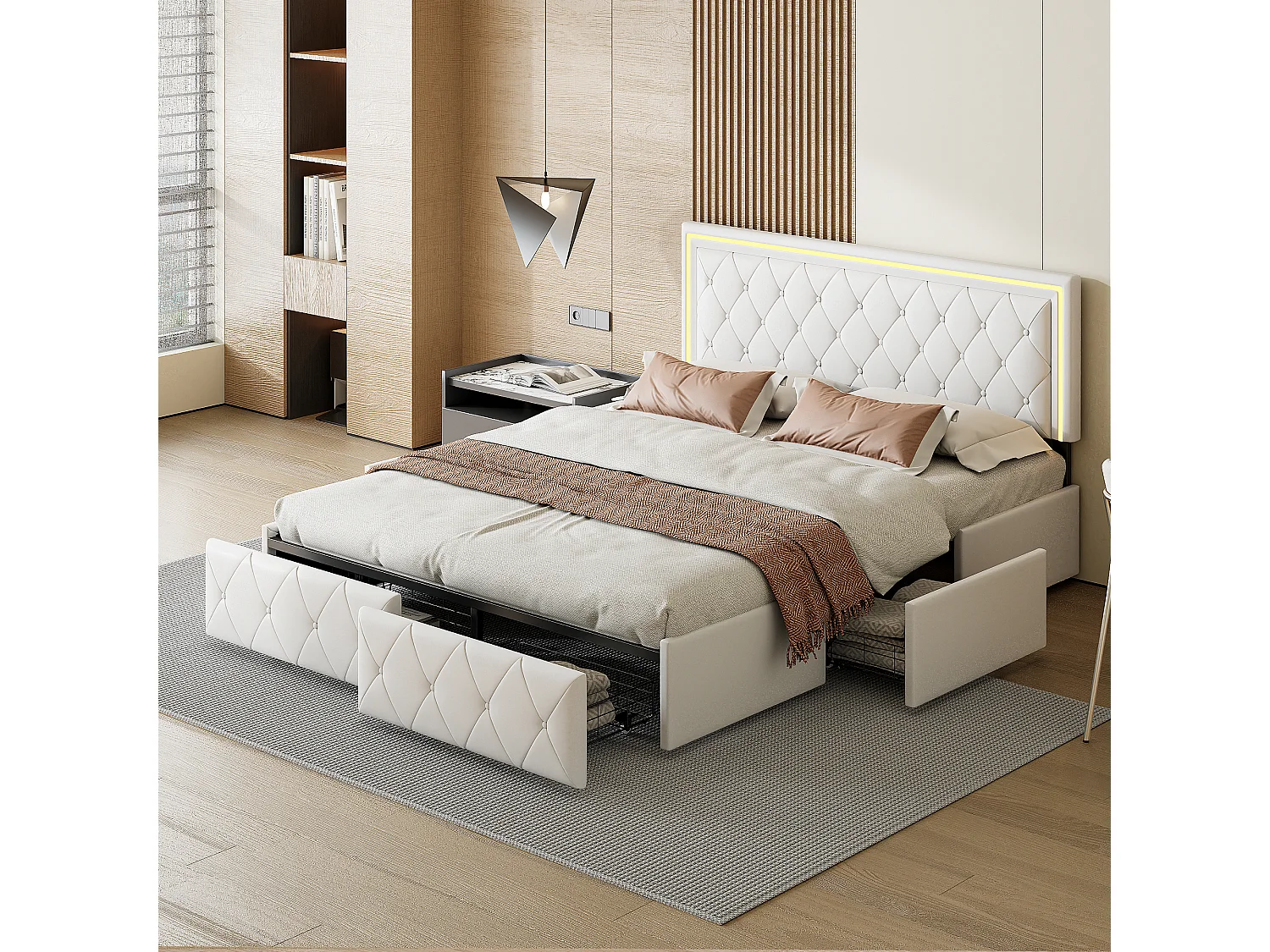 Lit 160x200cm avec LED tête de lit relevable, Lit capitonné avec 4 tiroirs et Rangement Lit, Blanc