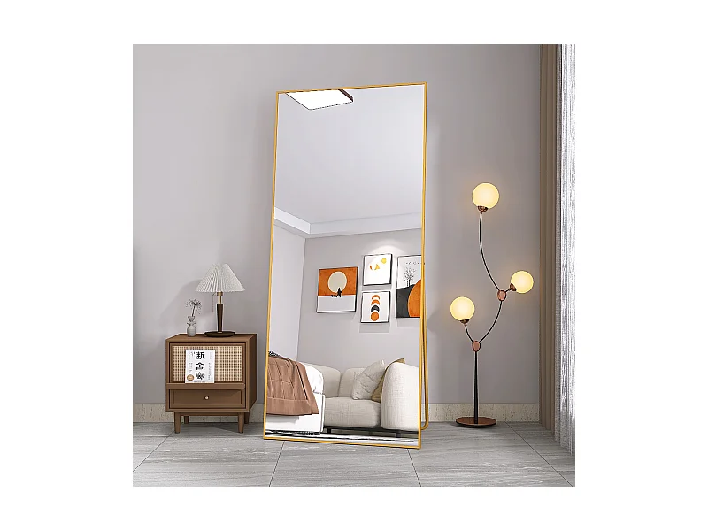 Miroir sur Pied 180x80 cm, Cadre Aluminium Doré, Miroir Mural Moderne à Poser ou Suspendre