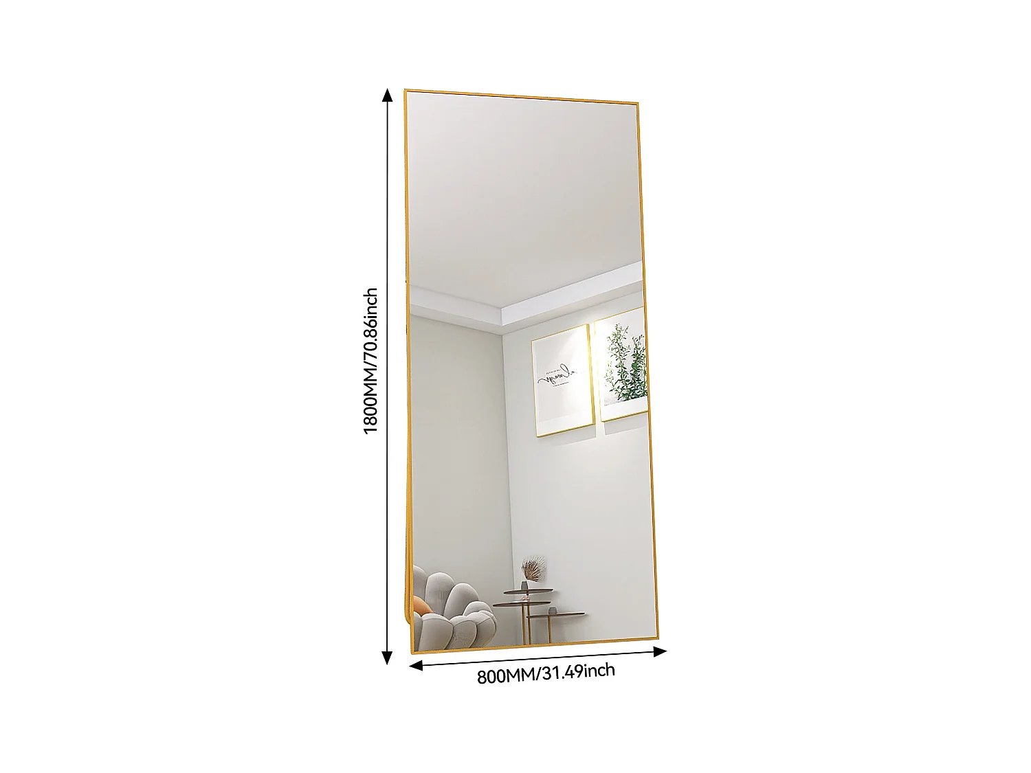 Miroir sur Pied 180x80 cm, Cadre Aluminium Doré, Miroir Mural Moderne à Poser ou Suspendre