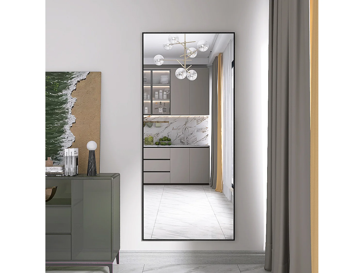 Miroir sur Pied 180x80 cm, Cadre Aluminium Noir, Miroir Mural Moderne à Poser ou Suspendre