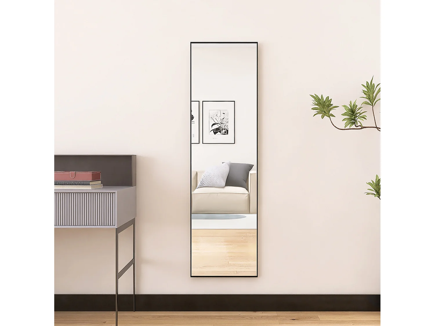 Specchio da terra 140x40 cm, cornice in alluminio nero, specchio da parete moderno da appoggiare o appendere