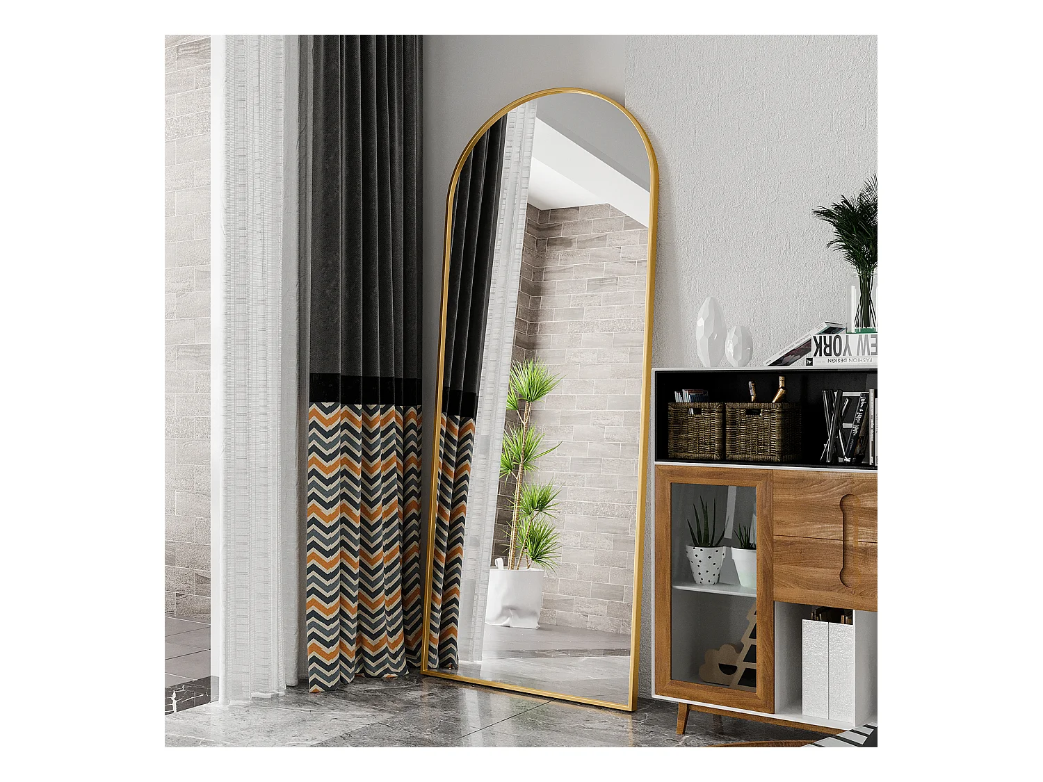 Miroir complet arqué, 180 x 80 cm, pleine longueur, monté au mur, miroir de sol, pour le salon, Doré