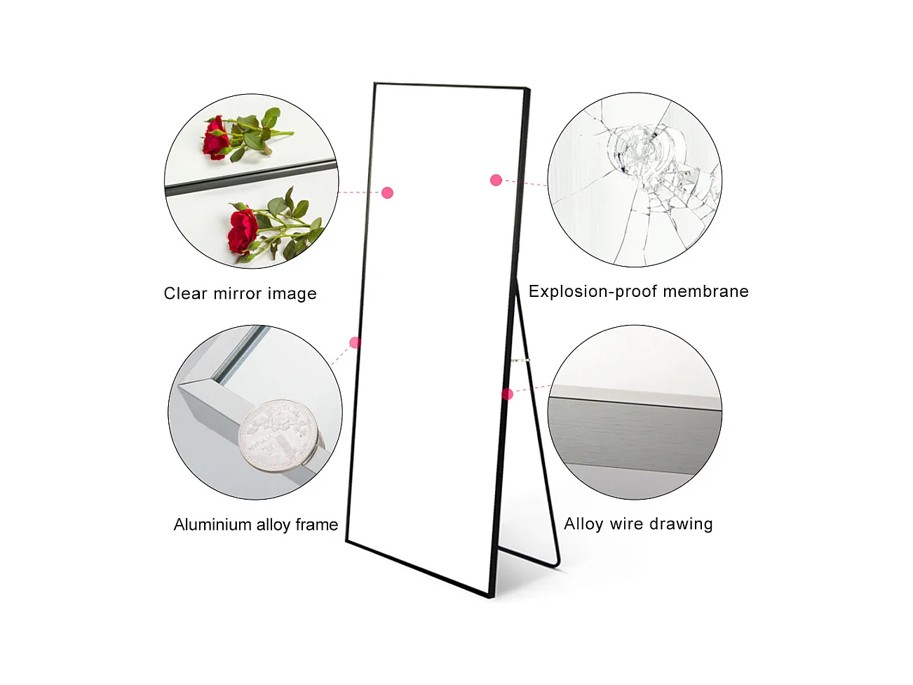 Miroir sur Pied 150x40 cm, Cadre Aluminium Noir, Miroir Mural Moderne à Poser ou Suspendre