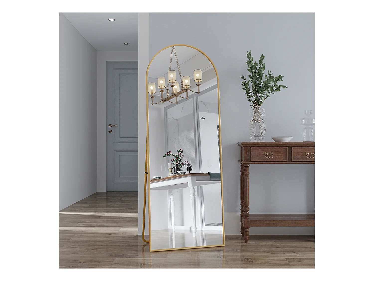 Gewölbter Ganzkörperspiegel, 162 x 53 cm, Ganzkörperspiegel, Wandmontage, Standspiegel, für Wohnzimmer, Gold