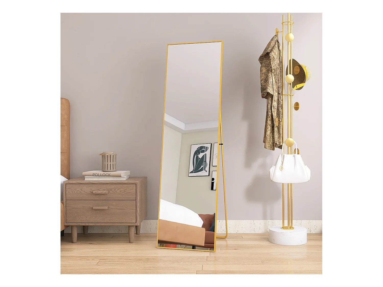 Miroir sur Pied 140x40 cm, Cadre Aluminium Doré, Miroir Mural Moderne à Poser ou Suspendre