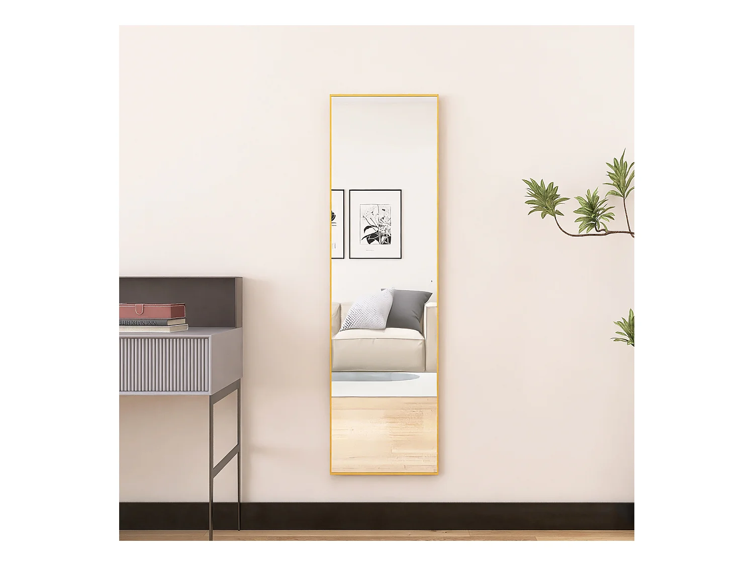 Miroir sur Pied 140x40 cm, Cadre Aluminium Doré, Miroir Mural Moderne à Poser ou Suspendre