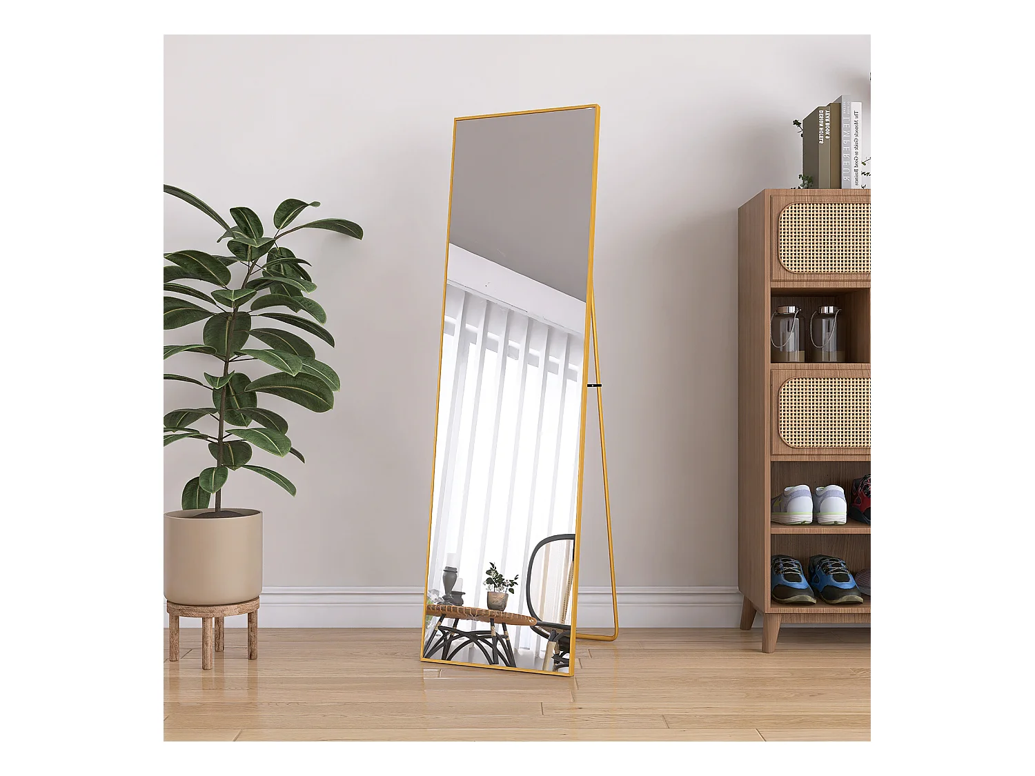 Miroir sur Pied 140x40 cm, Cadre Aluminium Doré, Miroir Mural Moderne à Poser ou Suspendre