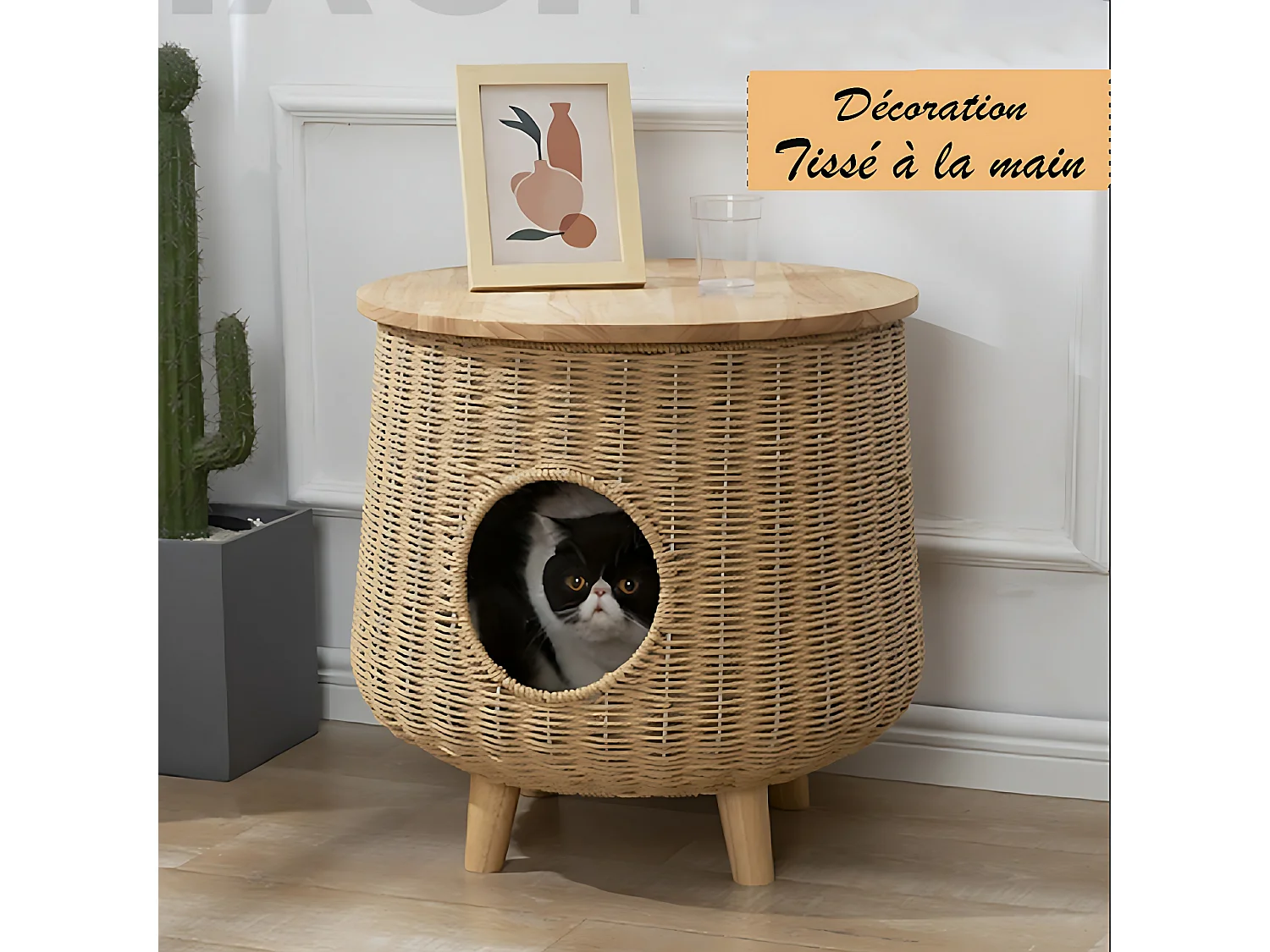 Arbre à Chat Grande Niches À Chat à Table terrasse en bois Tissé à la main multifonction 46x35,8cm