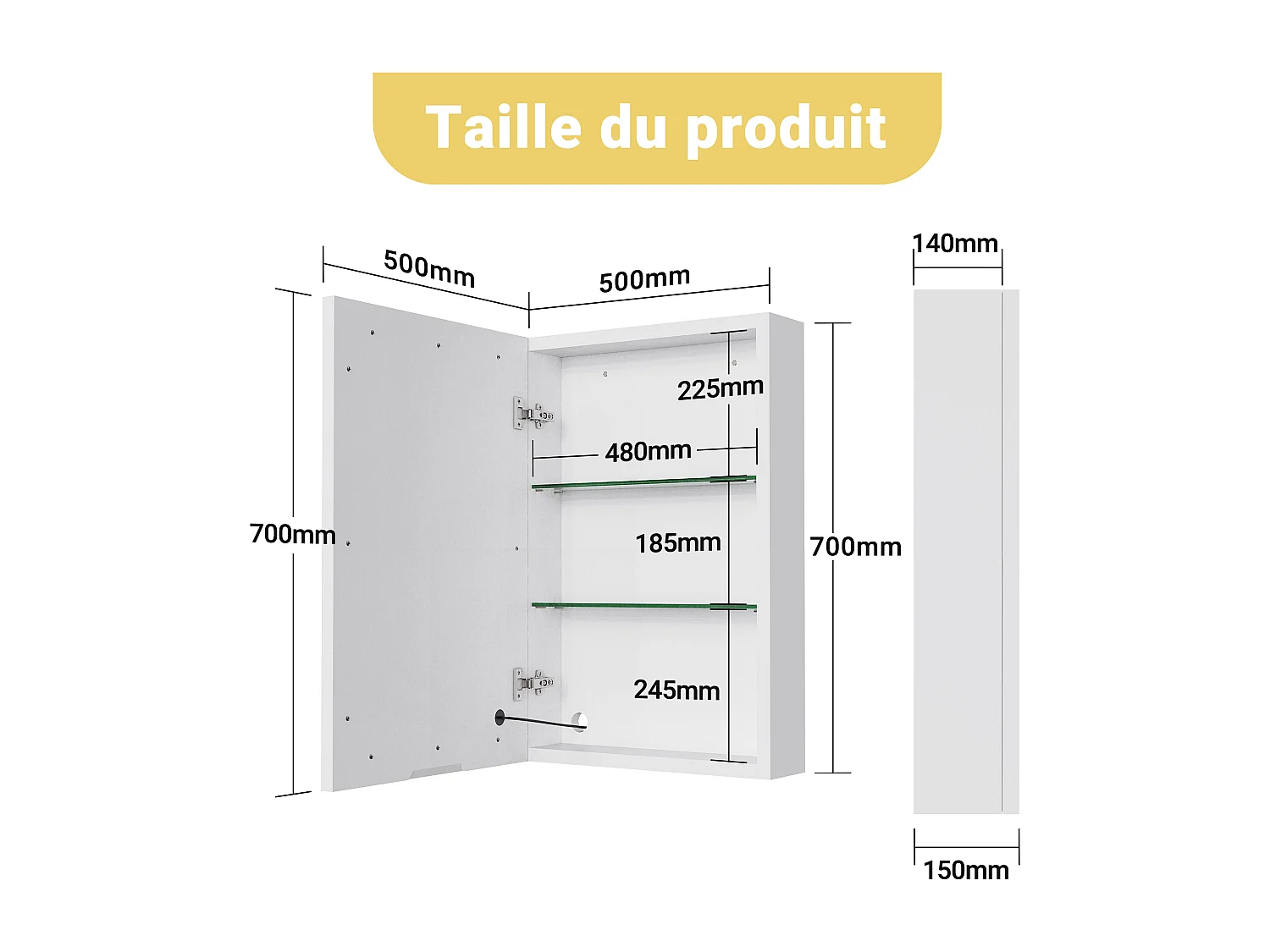 Badezimmerschrank zur Wandmontage mit Spiegel, LED, verstellbarem Regal - 70x15x60 cm Weiß