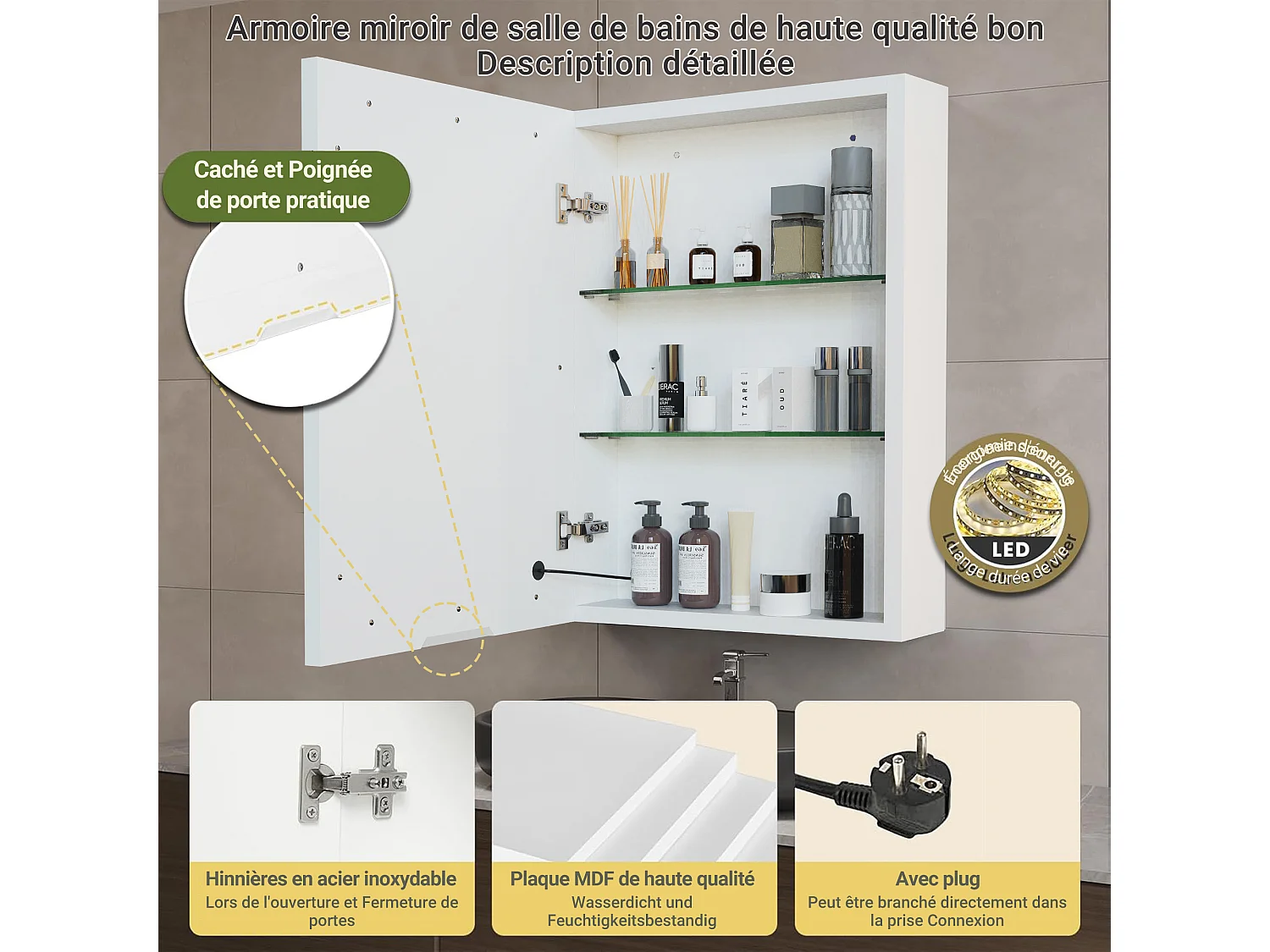 Badezimmerschrank zur Wandmontage mit Spiegel, LED, verstellbarem Regal - 70x15x60 cm Weiß