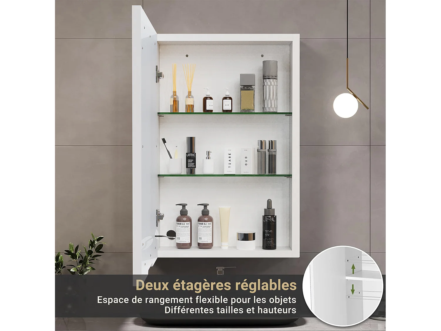 Badezimmerschrank zur Wandmontage mit Spiegel, LED, verstellbarem Regal - 70x15x60 cm Weiß