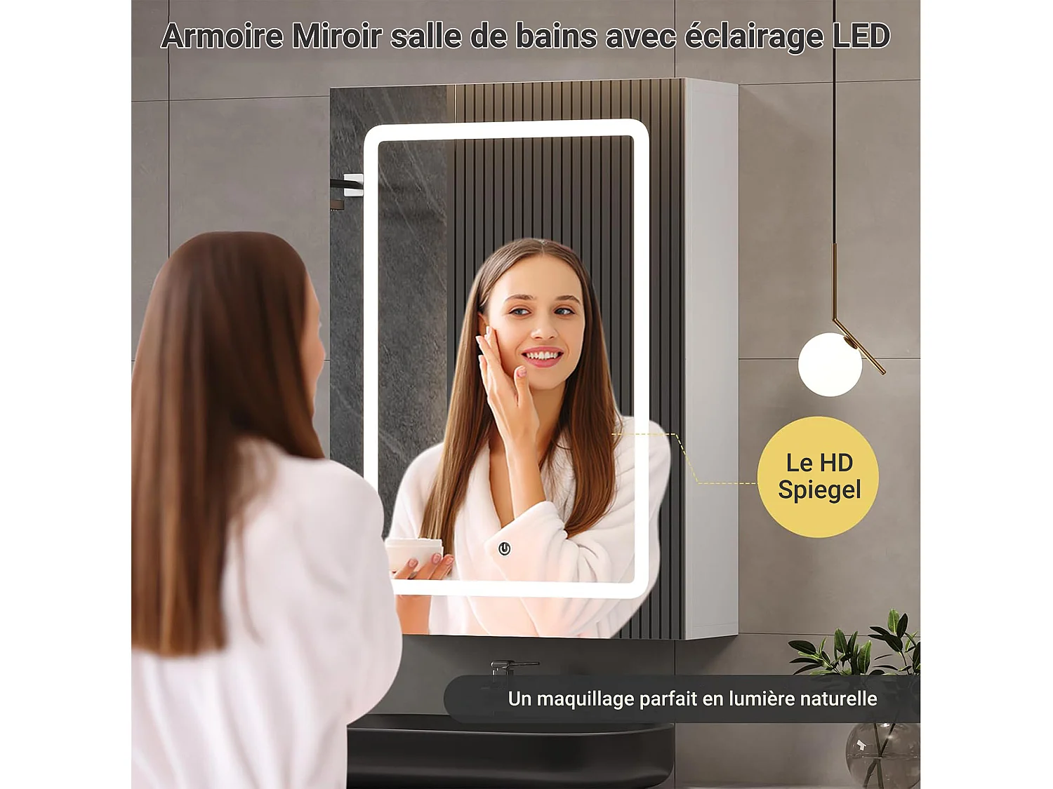 Badezimmerschrank zur Wandmontage mit Spiegel, LED, verstellbarem Regal - 70x15x60 cm Weiß