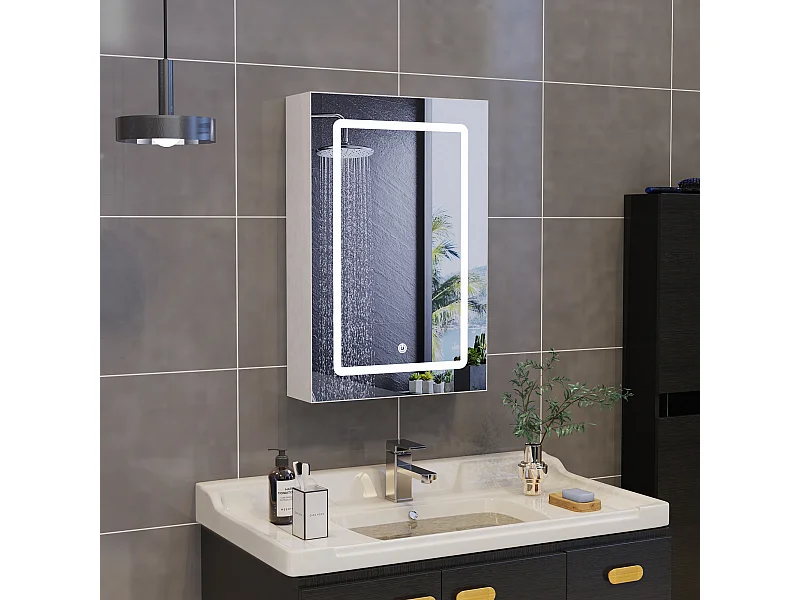 Badezimmerschrank zur Wandmontage mit Spiegel, LED, verstellbarem Regal - 70x15x60 cm Weiß