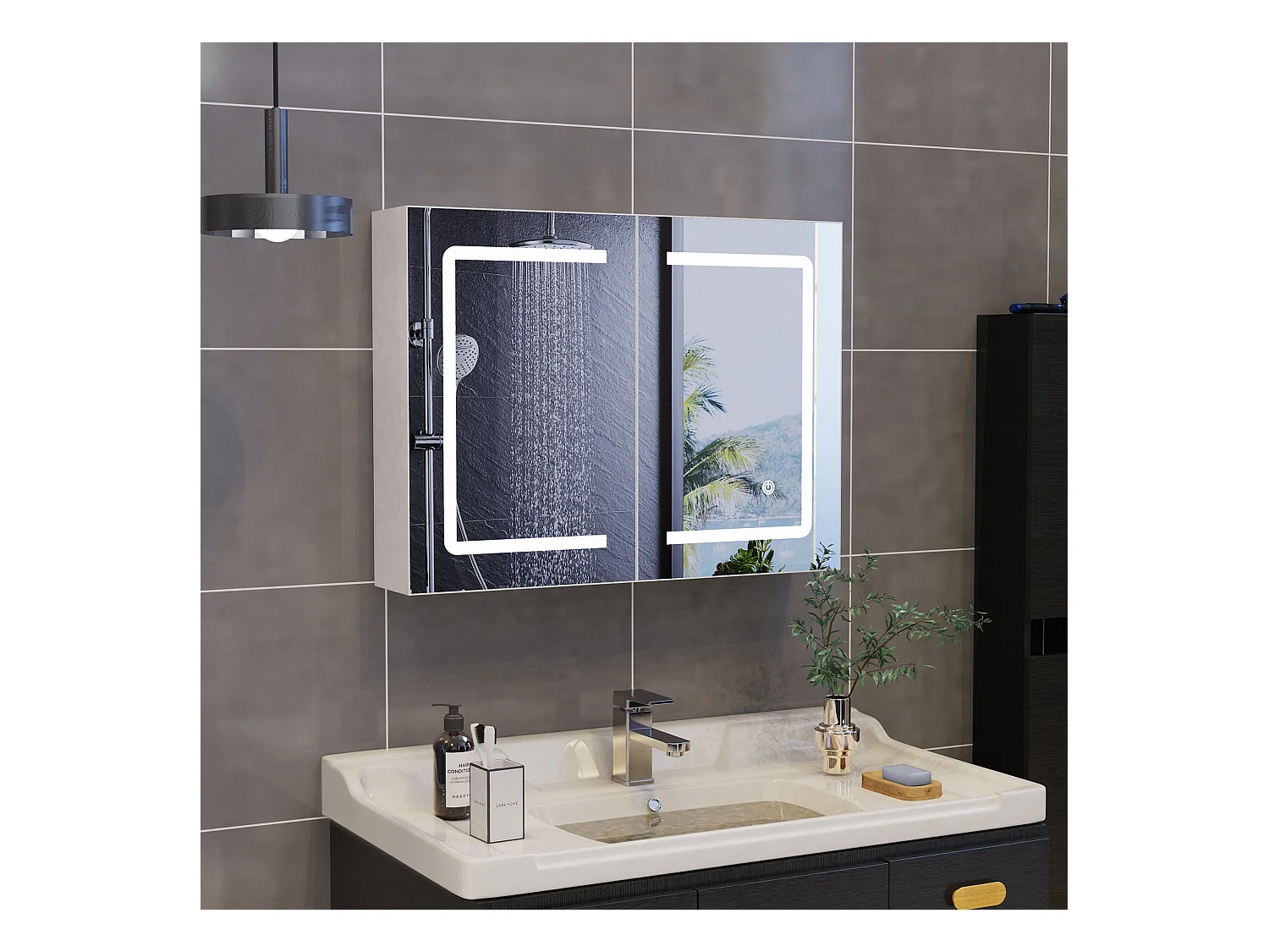 Armoire salle de bain suspendue miroir LED avec prise et interrupteur sensoriel - 80x13.5x60 cm