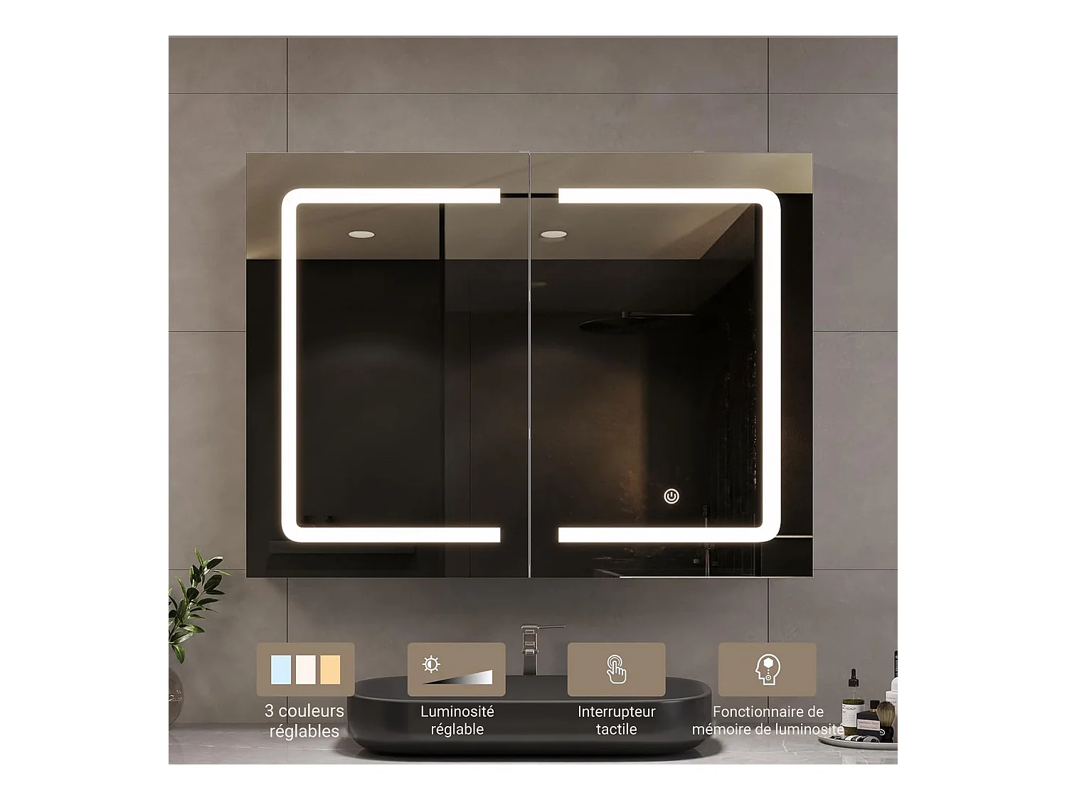 Armoire salle de bain suspendue miroir LED avec prise et interrupteur sensoriel - 80x13.5x60 cm