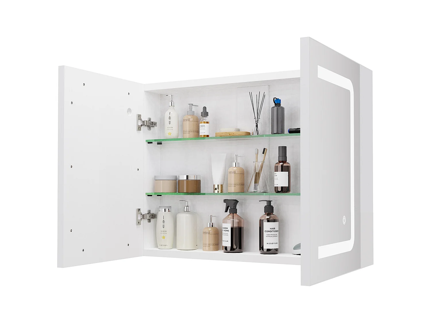 Armoire salle de bain suspendue miroir LED avec prise et interrupteur sensoriel - 80x13.5x60 cm