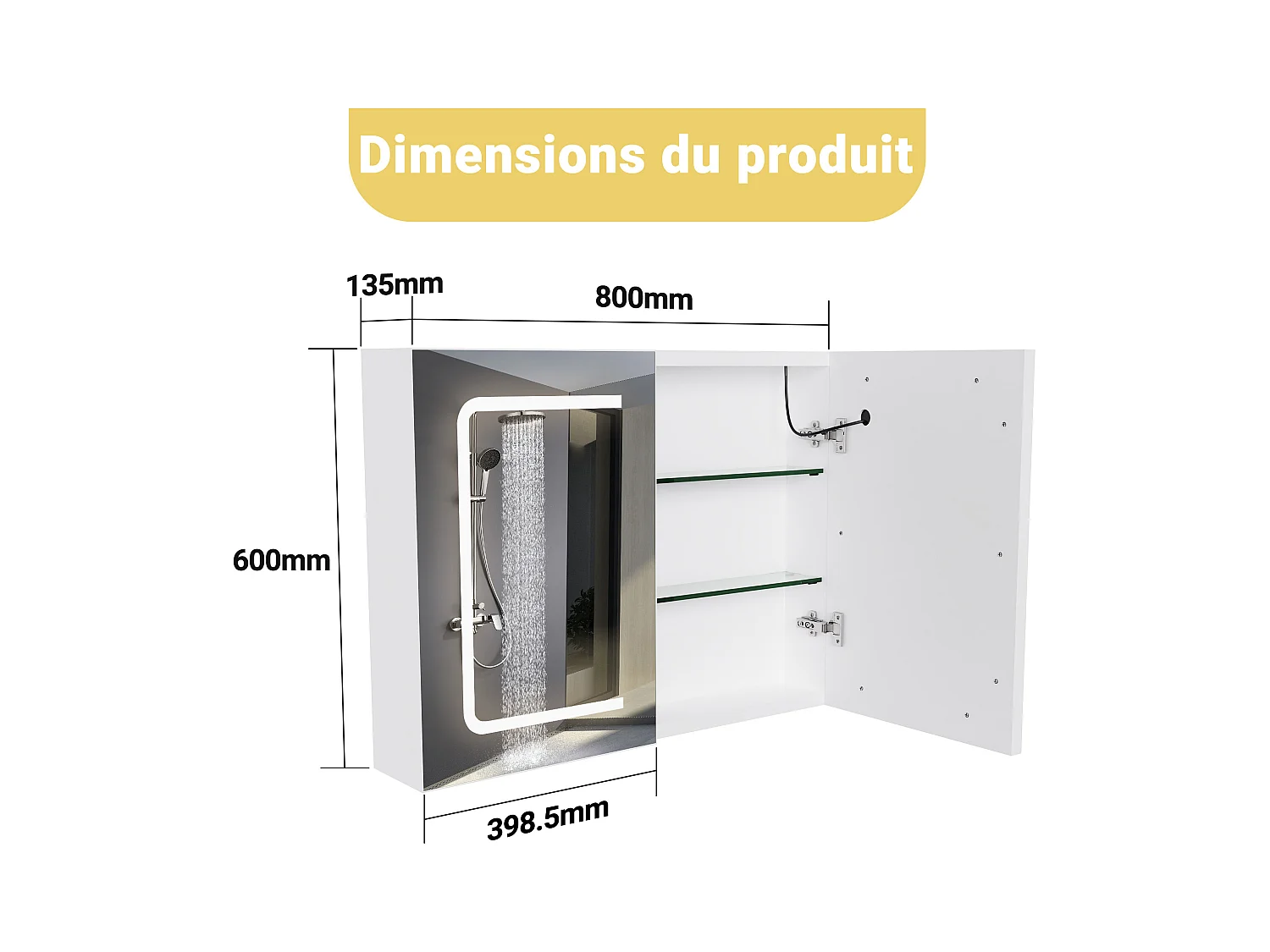 Armoire salle de bain suspendue miroir LED avec prise et interrupteur sensoriel - 80x13.5x60 cm