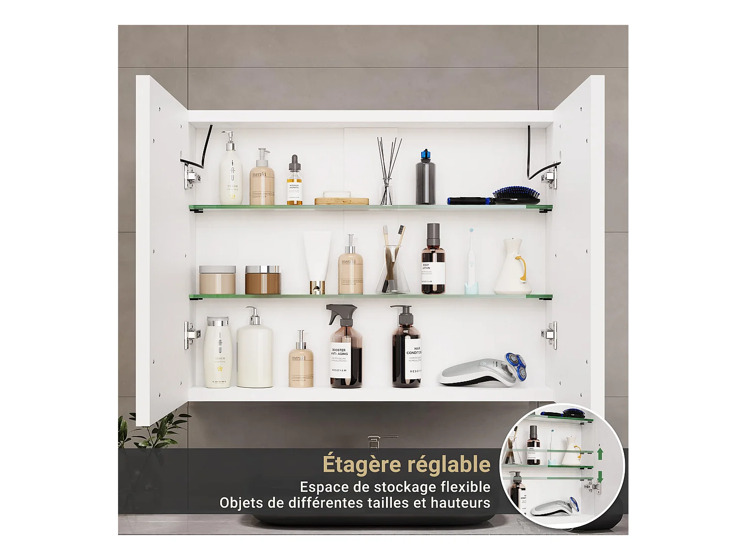 Armoire salle de bain suspendue miroir LED avec prise et interrupteur sensoriel - 80x13.5x60 cm