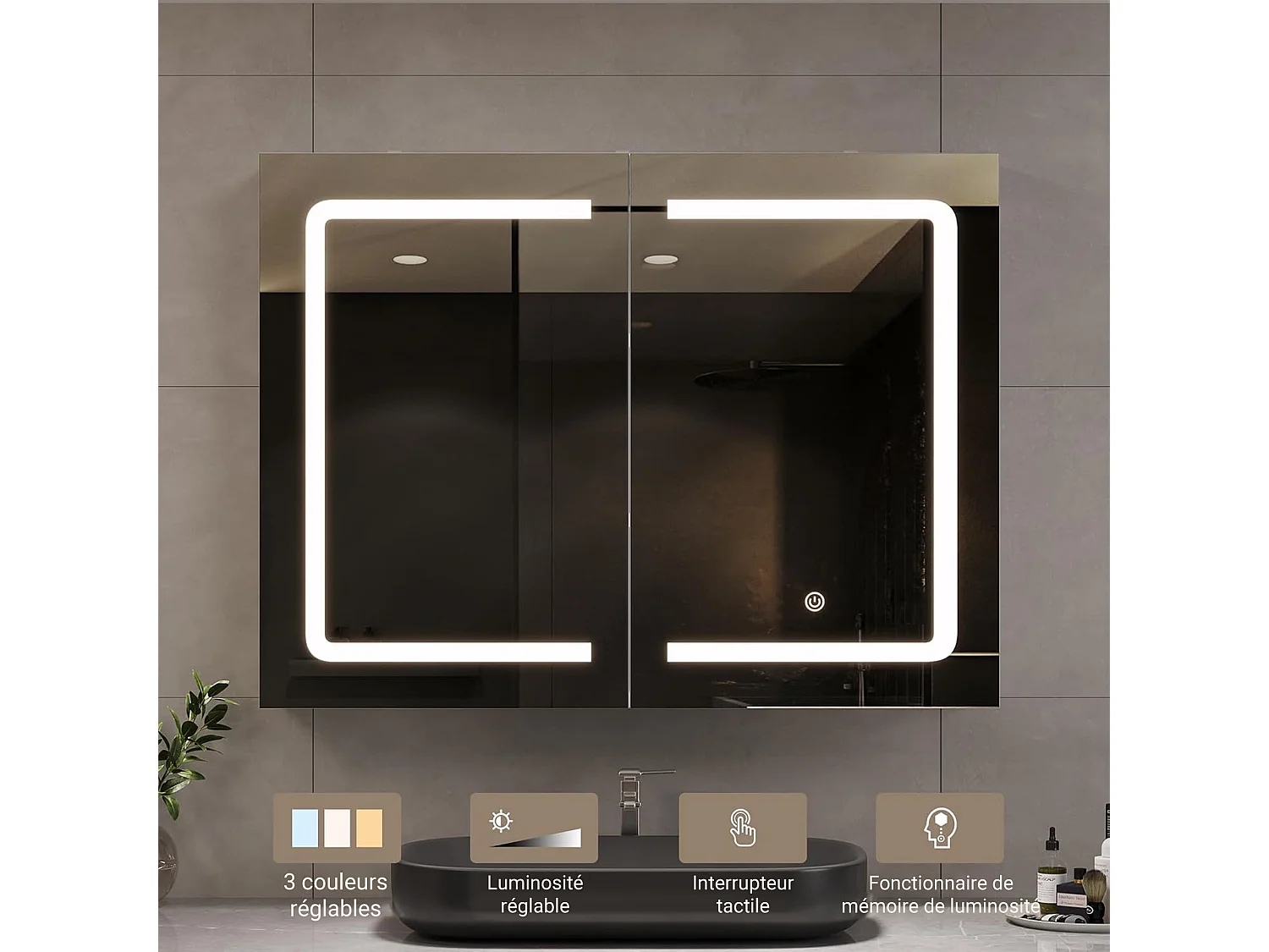 LED-Spiegel-Badezimmerschrank mit Stecker und Sensorschalter - 80x13,5x60 cm