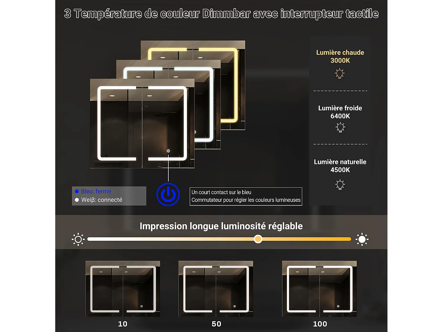 LED-Spiegel-Badezimmerschrank mit Stecker und Sensorschalter - 80x13,5x60 cm