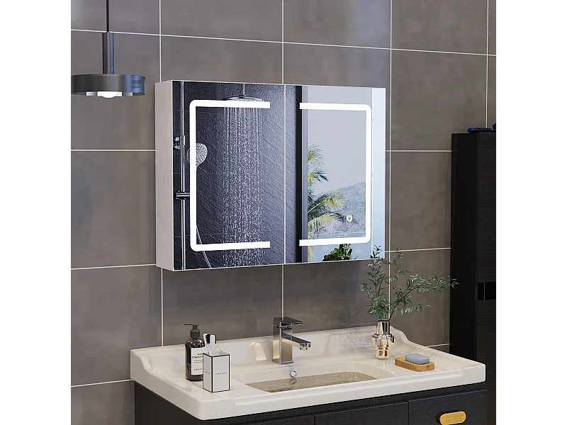 Armoire salle de bain suspendue miroir LED avec prise et interrupteur sensoriel - 80x13.5x60 cm
