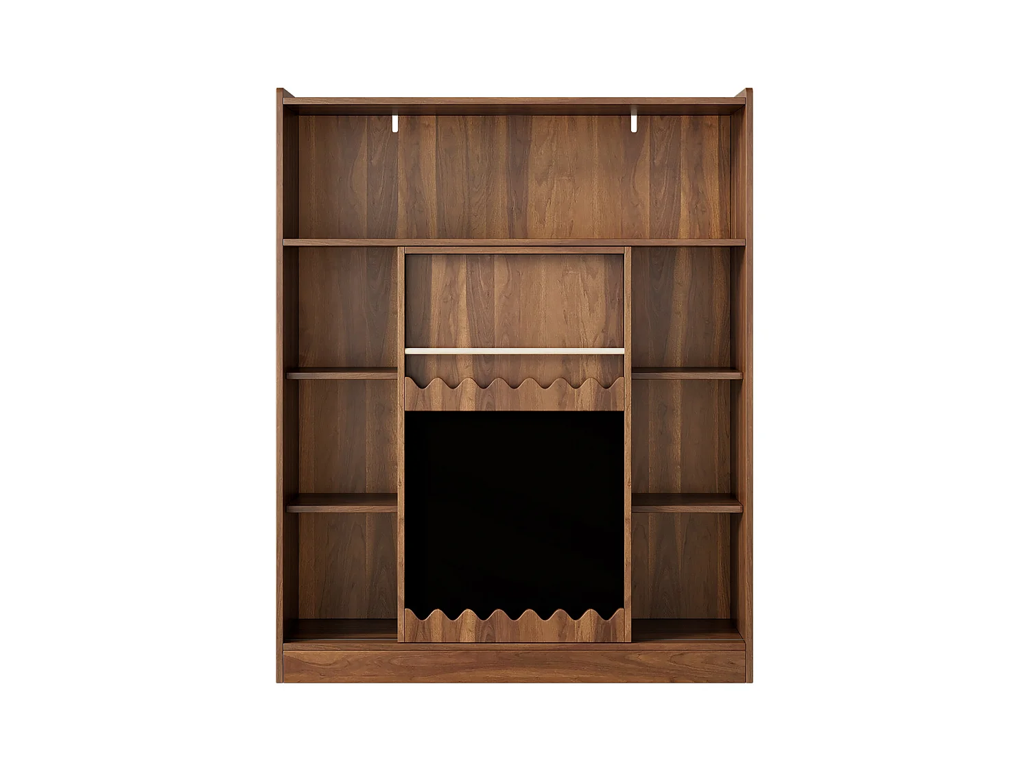 Bibliothèque couleur noyer avec porte coulissante, tableau noir et 9 étagères ouvertes, MDF