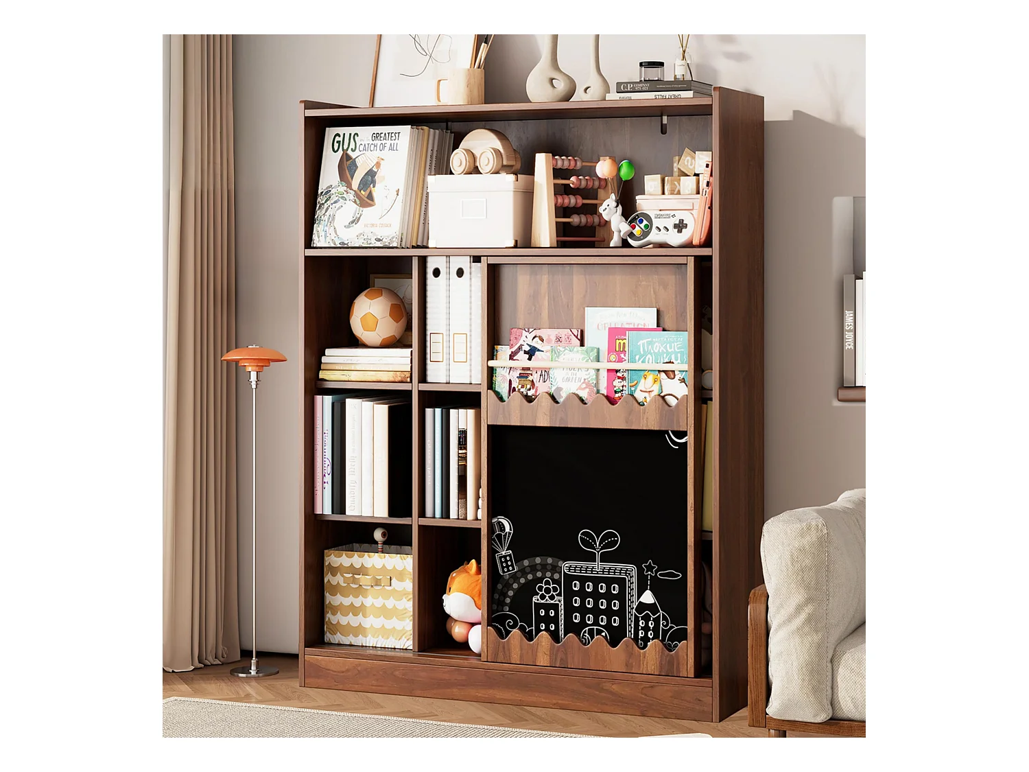 Bibliothèque couleur noyer avec porte coulissante, tableau noir et 9 étagères ouvertes, MDF