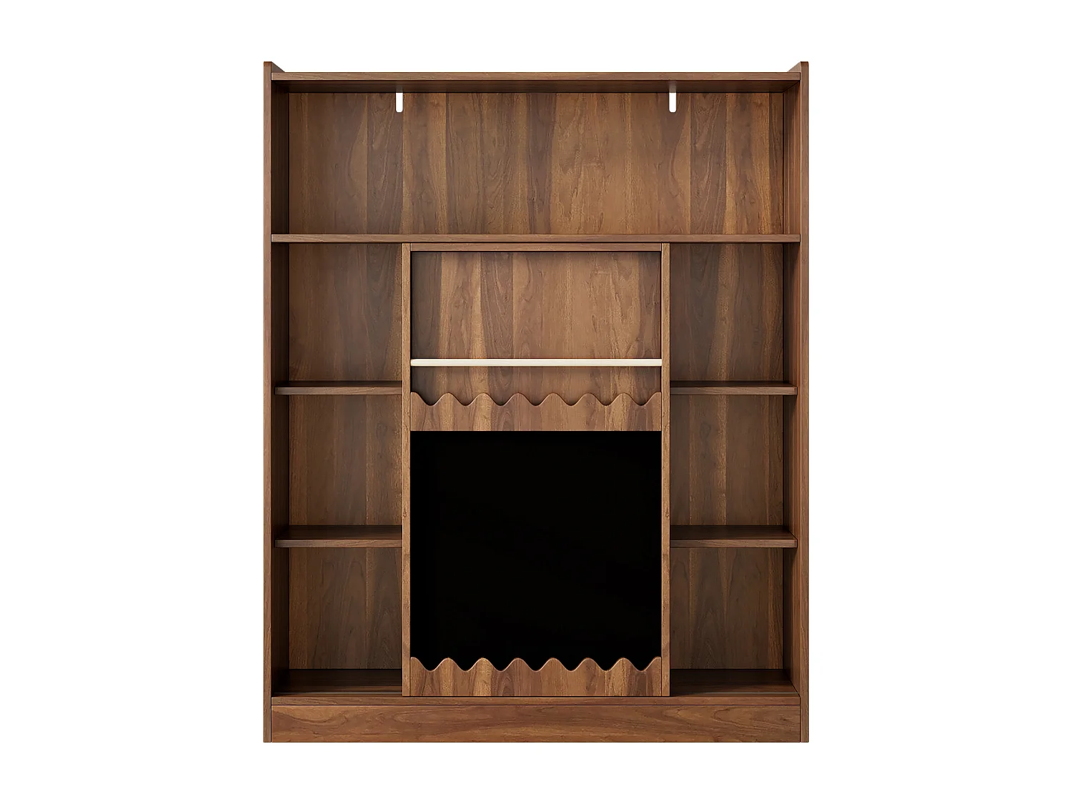 Bibliothèque couleur noyer avec porte coulissante, tableau noir et 9 étagères ouvertes, MDF