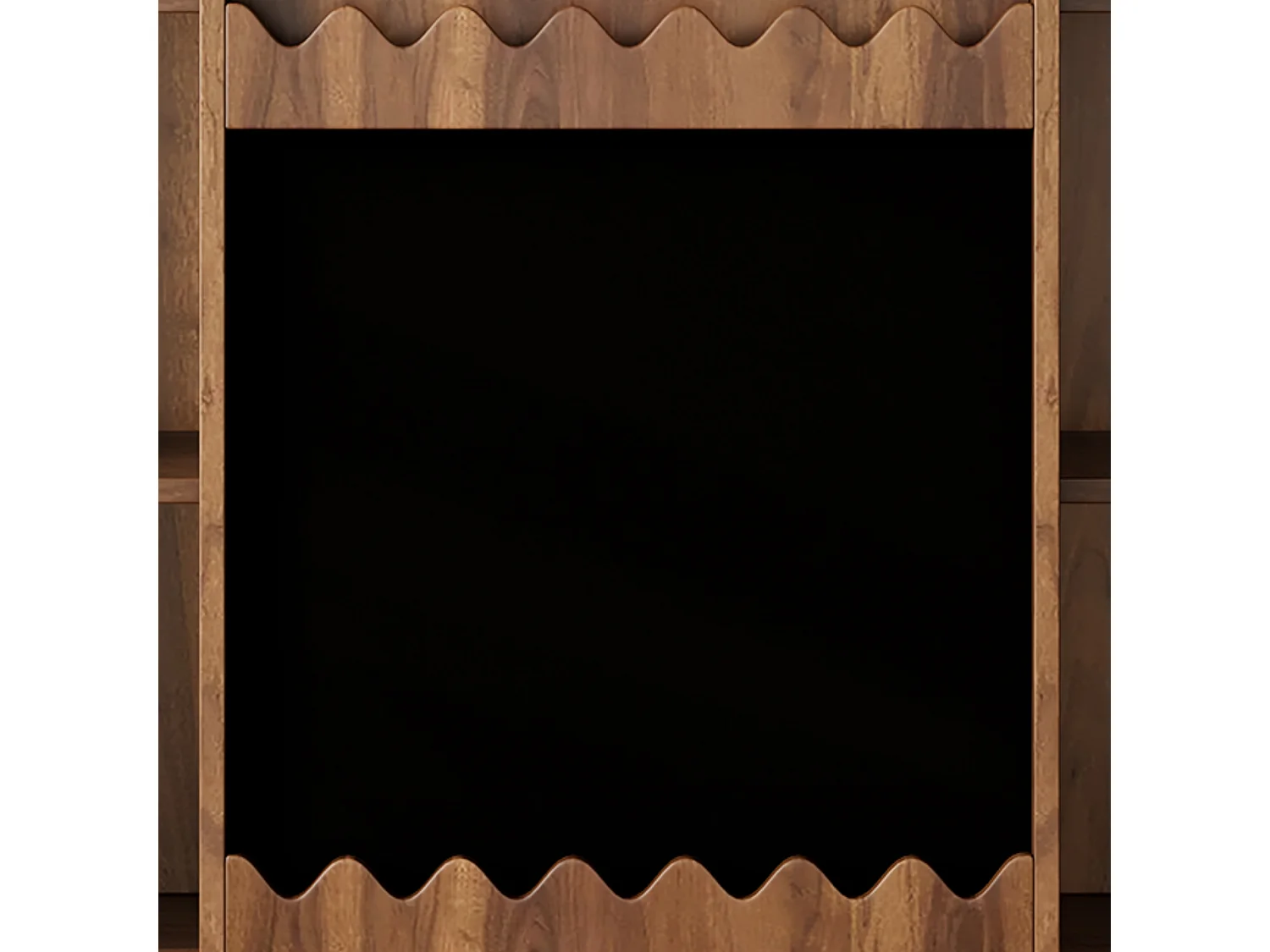 Bibliothèque couleur noyer avec porte coulissante, tableau noir et 9 étagères ouvertes, MDF