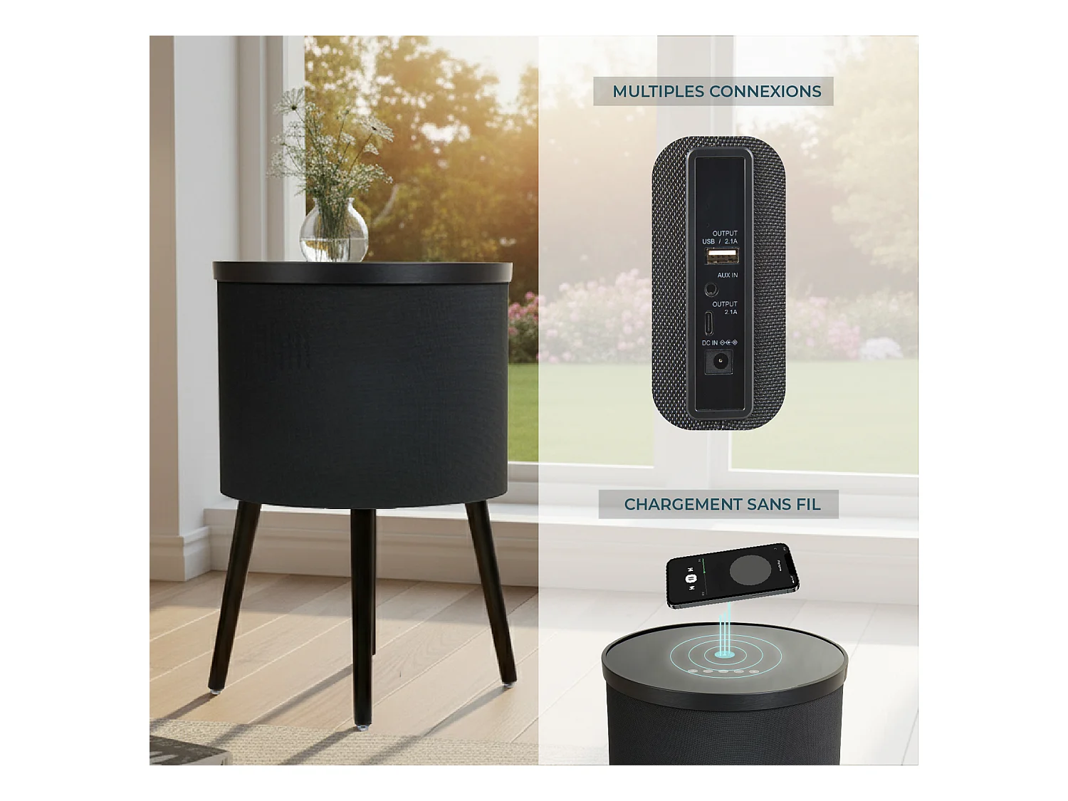 Mesa altavoz para Salón comedor en Negro y Sonoma con LED 42x42x61cm Fenix