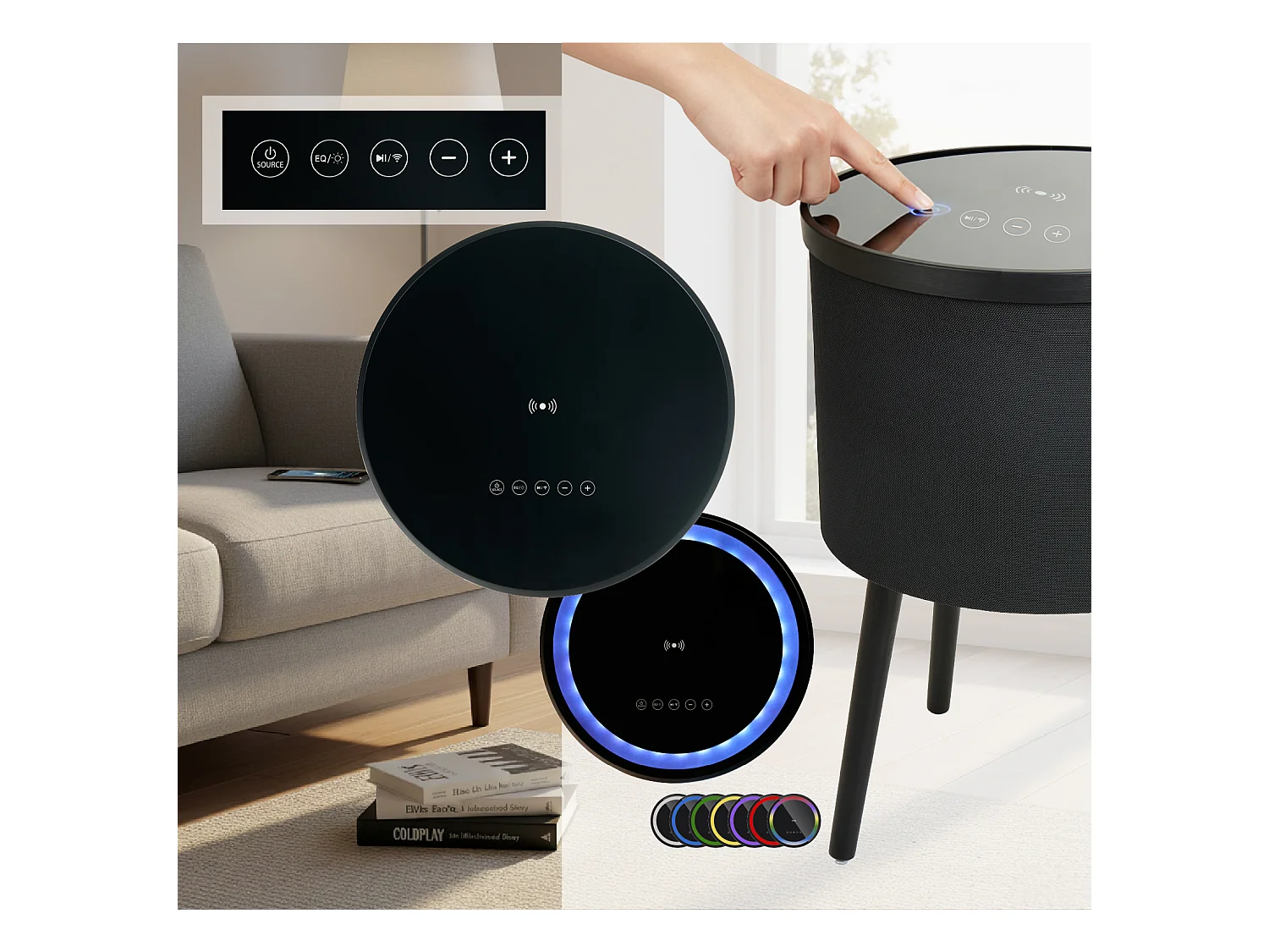 Mesa altavoz para Salón comedor en Negro y Sonoma con LED 42x42x61cm Fenix