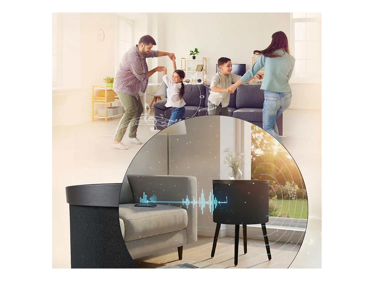 Mesa altavoz para Salón comedor en Negro y Sonoma con LED 42x42x61cm Fenix