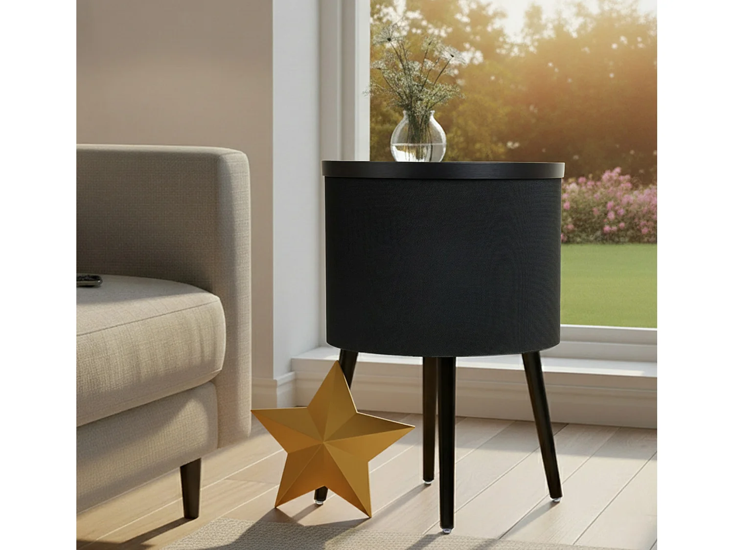 Mesa altavoz para Salón comedor en Negro y Sonoma con LED 42x42x61cm Fenix