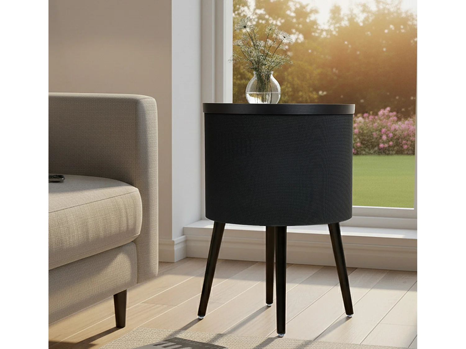 Mesa altavoz para Salón comedor en Negro y Sonoma con LED 42x42x61cm Fenix