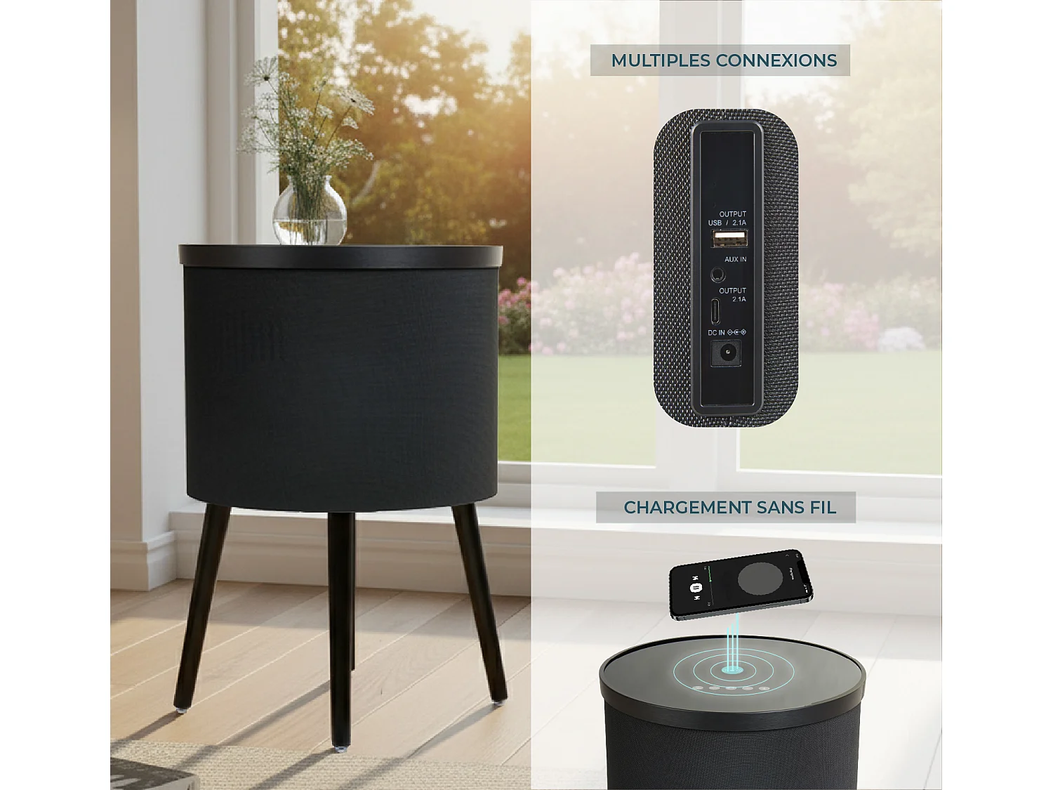 Mesa altavoz para Salón comedor en Negro y Sonoma con LED 42x42x61cm Fenix