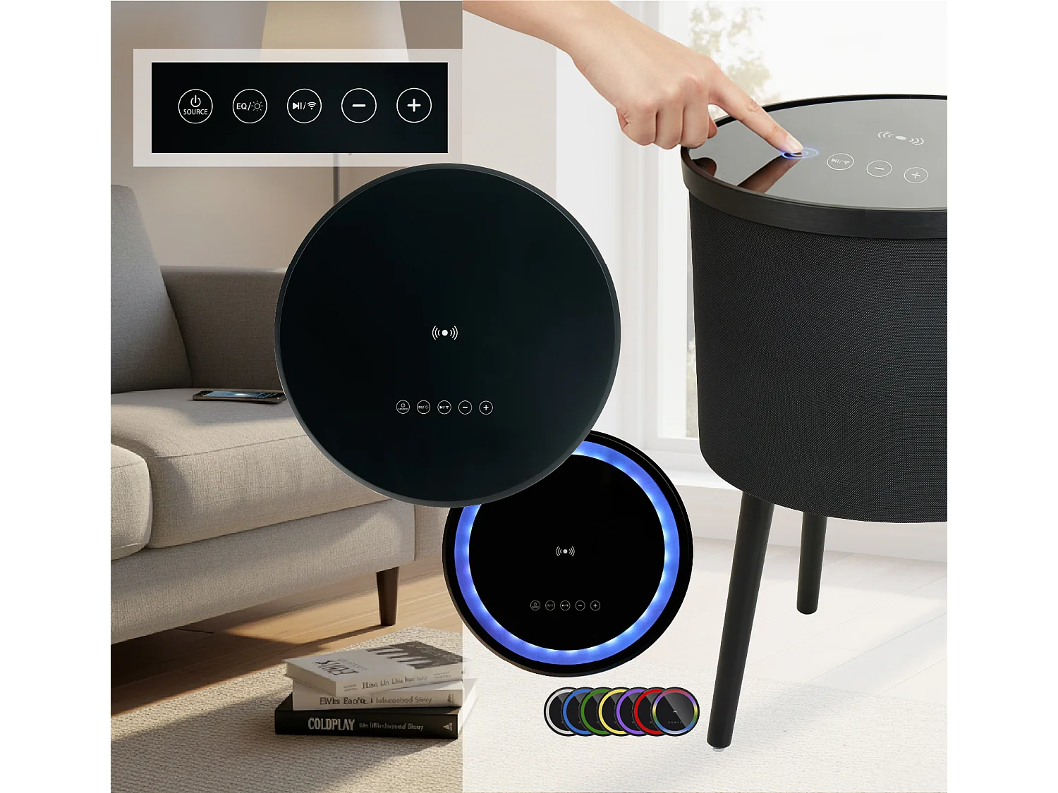 Mesa altavoz para Salón comedor en Negro y Sonoma con LED 42x42x61cm Fenix