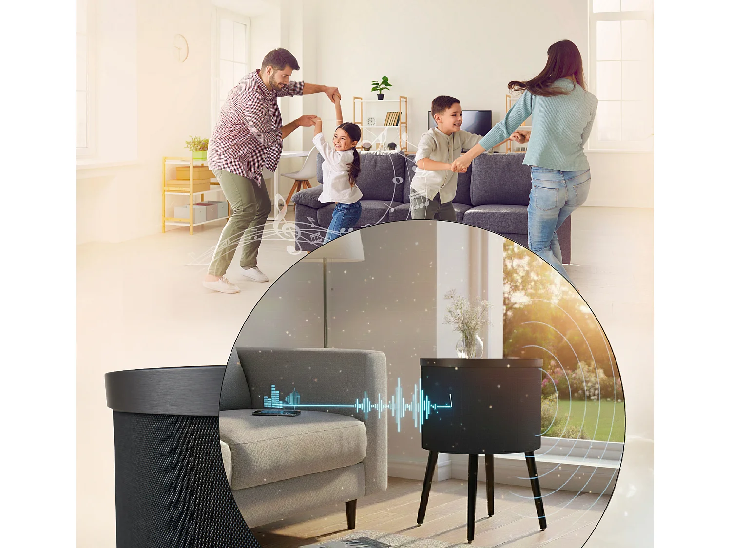 Mesa altavoz para Salón comedor en Negro y Sonoma con LED 42x42x61cm Fenix