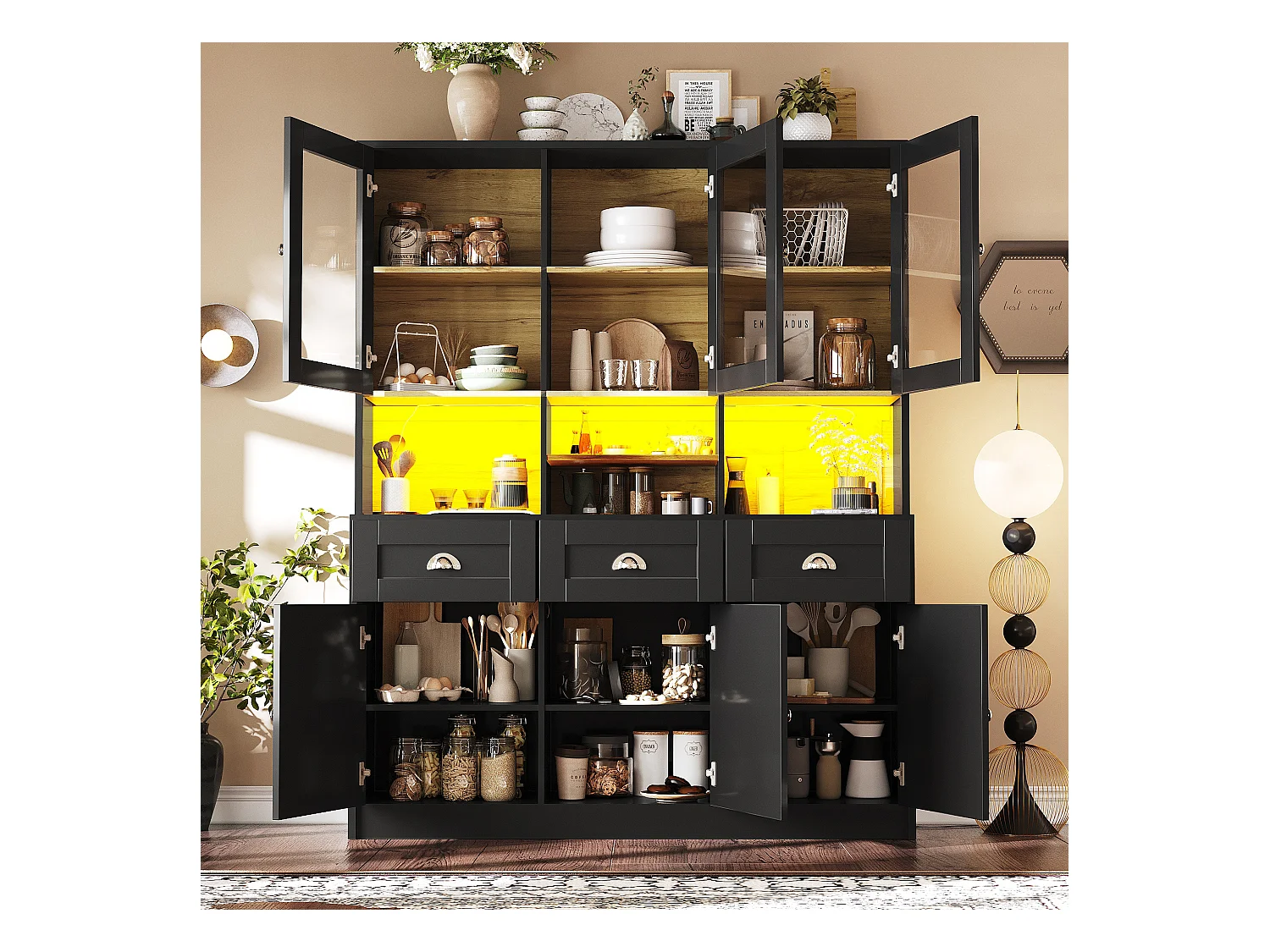 Credenza da cucina nera con 3 ante, 3 ante in vetro, 3 cassetti e luci a LED, MDF
